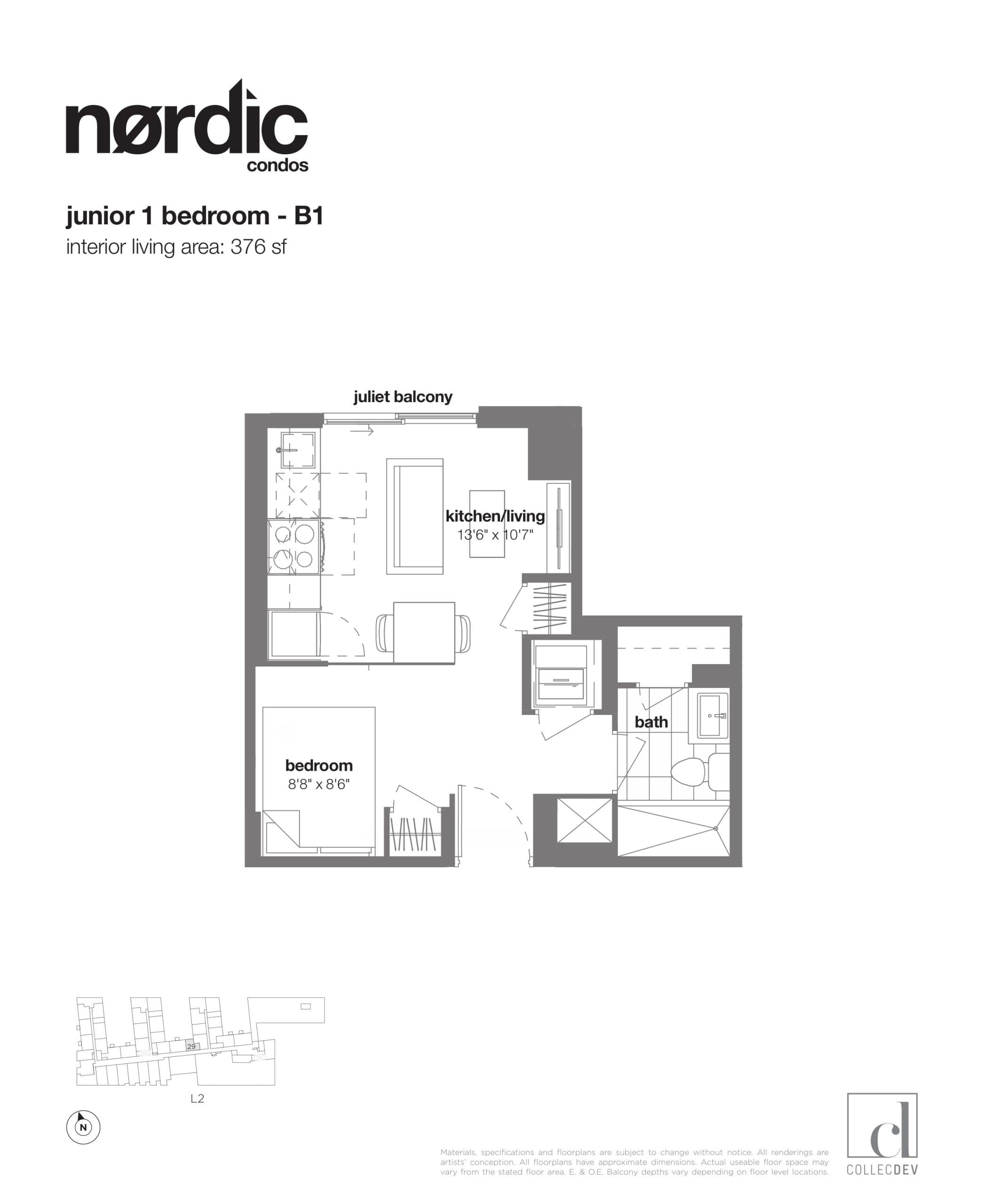 B1 Floor Plan at Nordic Condos - 376 sq.ft