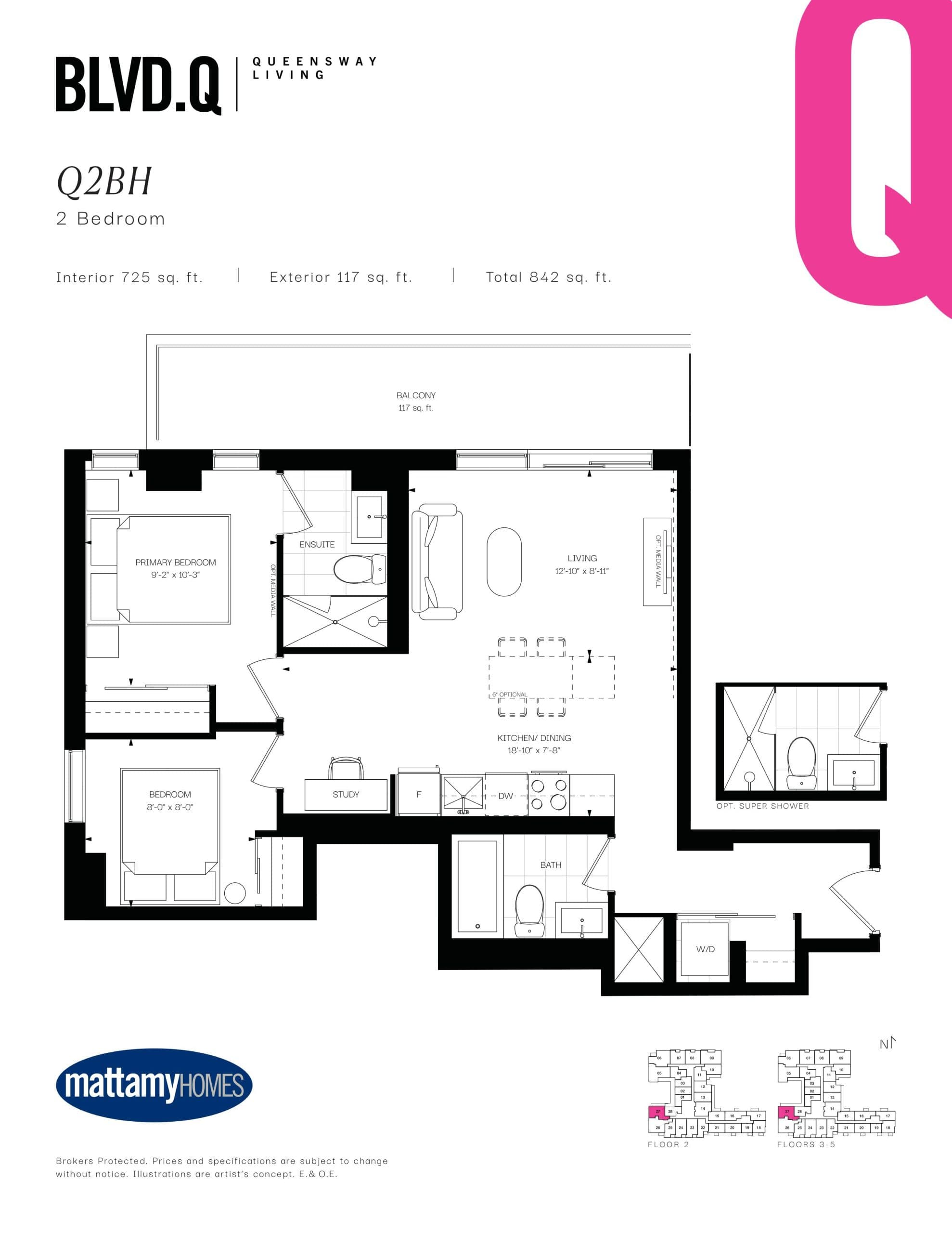 Q2BH Floor Plan at BLVD. Q - 725 sq.ft