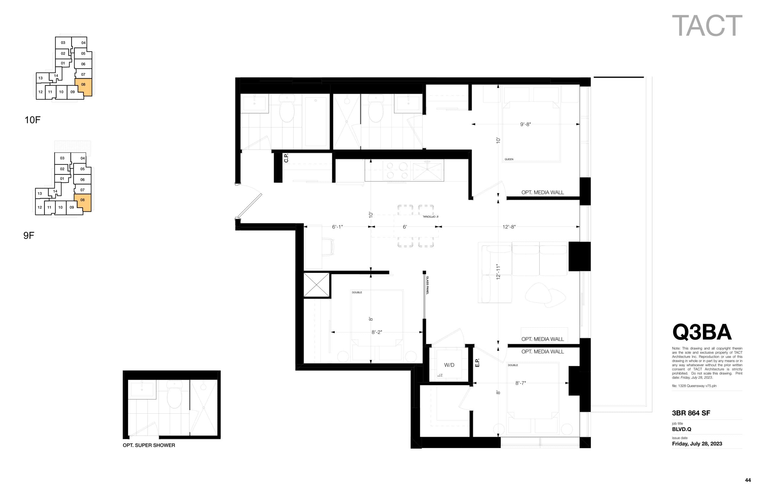 Q3BA Floor Plan at BLVD. Q - 864 sq.ft