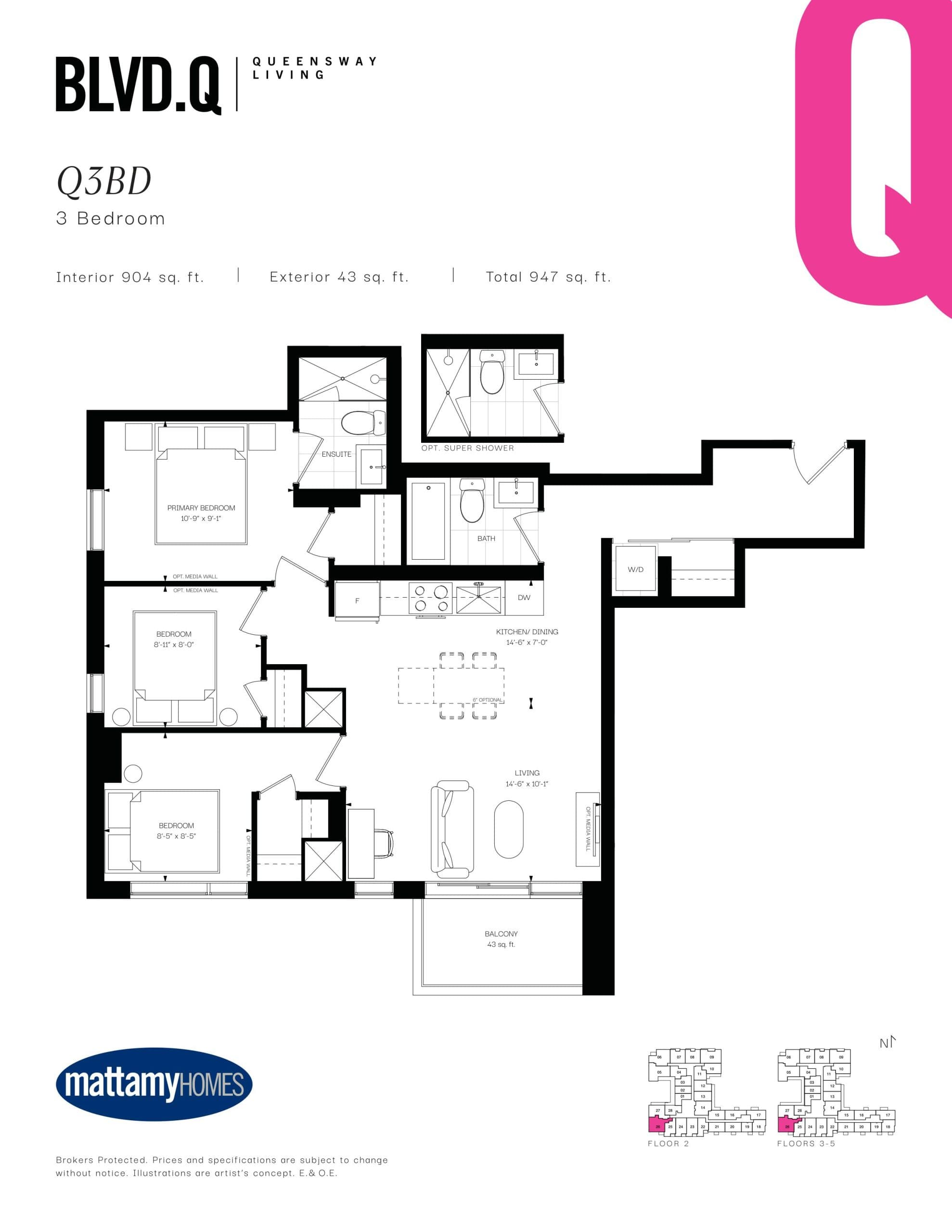 Q3BD Floor Plan at BLVD. Q - 904 sq.ft