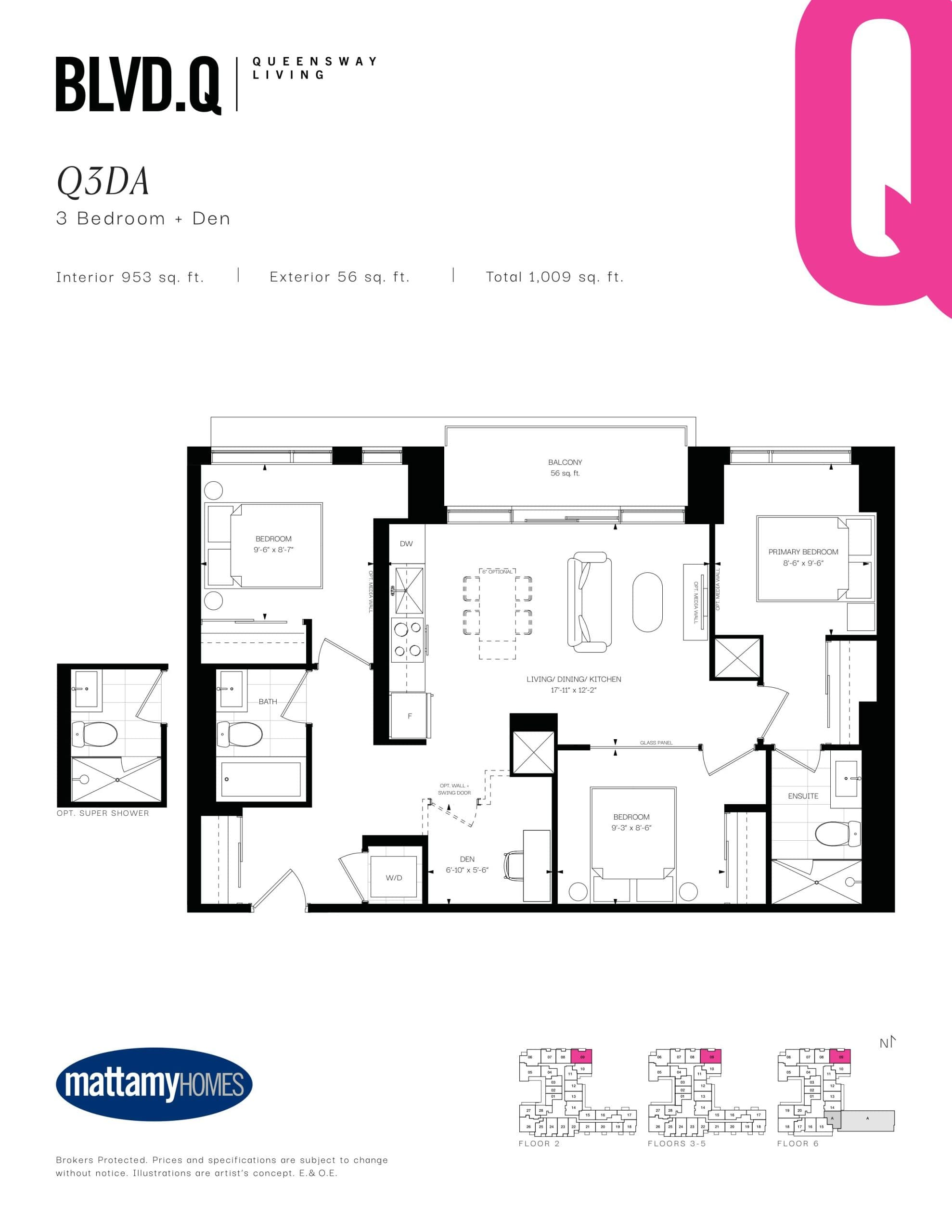 Q3DA Floor Plan at BLVD. Q - 953 sq.ft