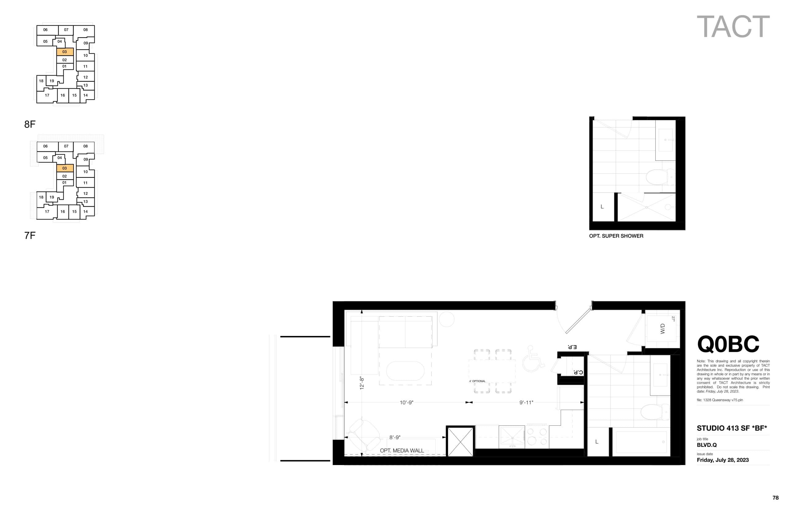 Q0BC Floor Plan at BLVD. Q - 413 sq.ft