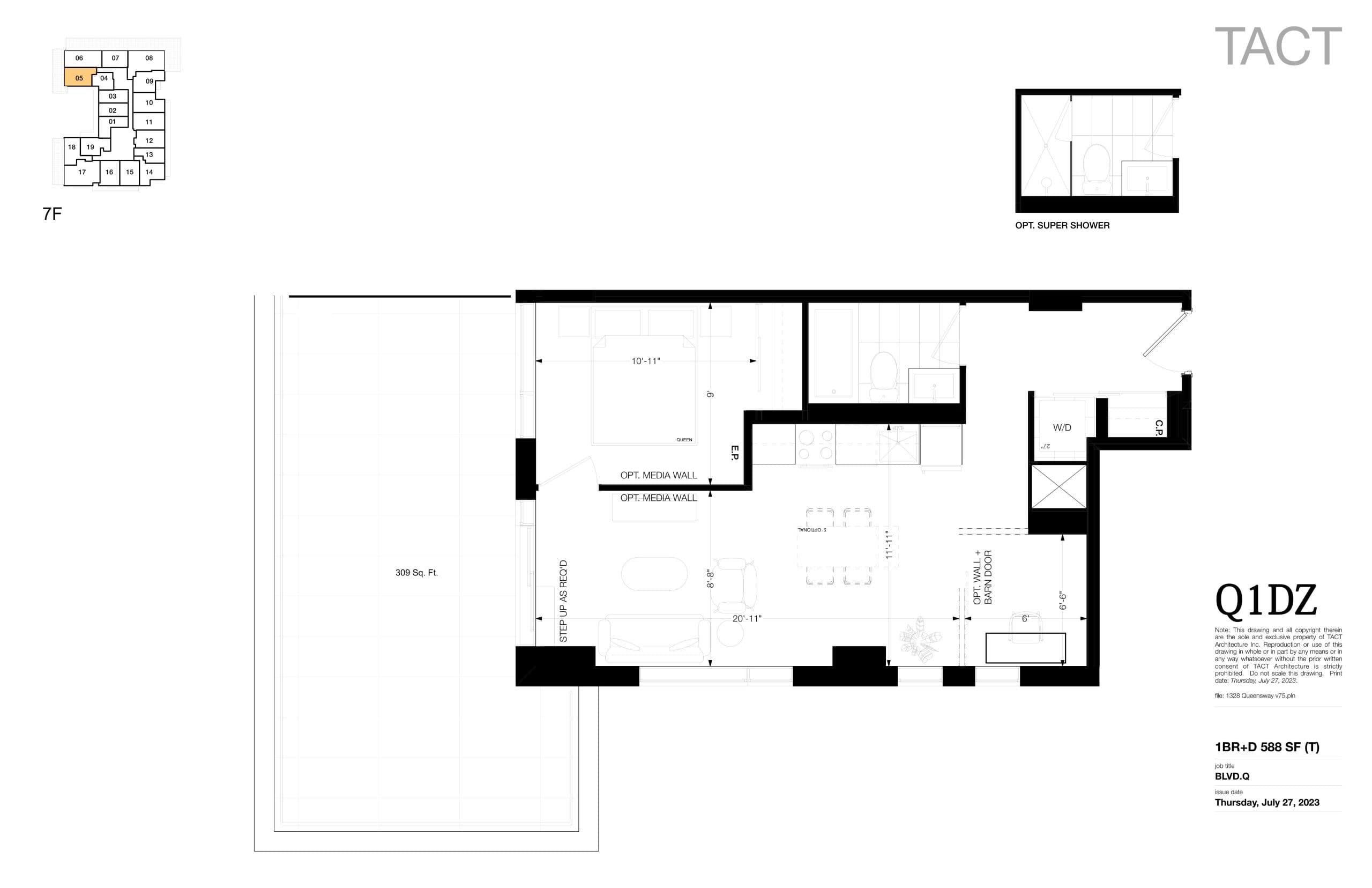 Q1DZ Floor Plan at BLVD. Q - 588 sq.ft