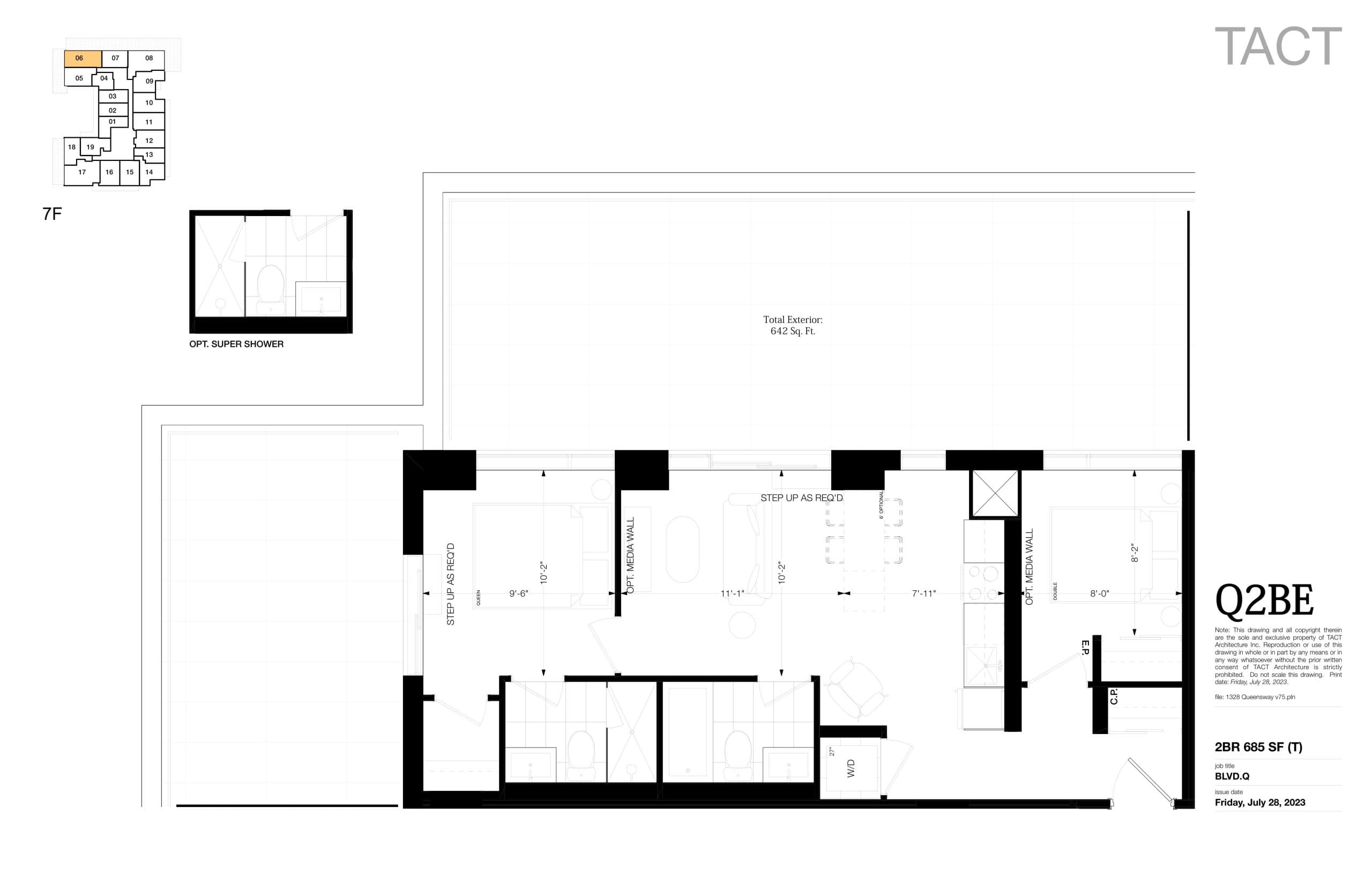 Q2BE (Terrace) Floor Plan at BLVD. Q - 685 sq.ft