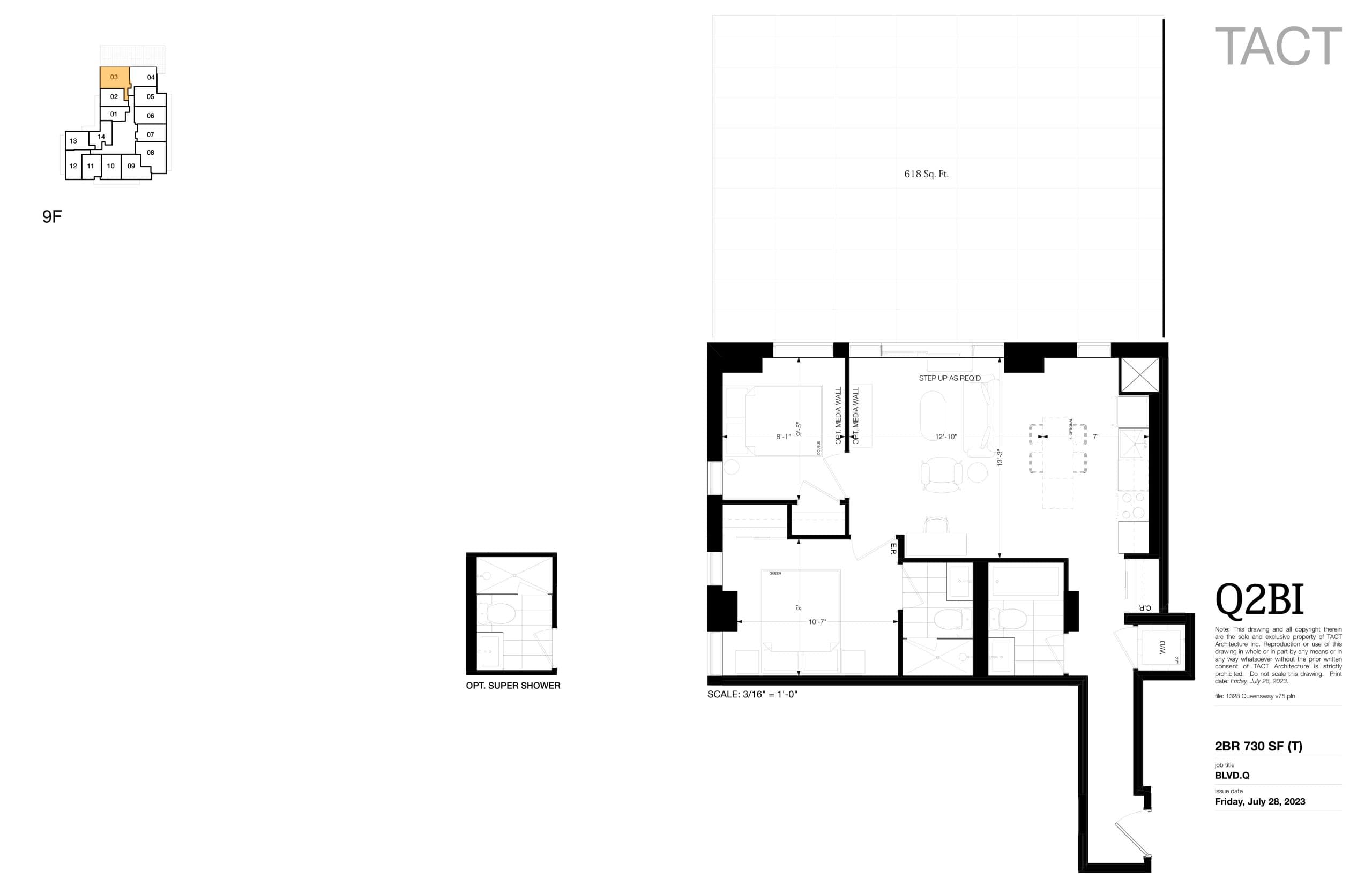 Q2BI (Terrace) Floor Plan at BLVD. Q - 730 sq.ft