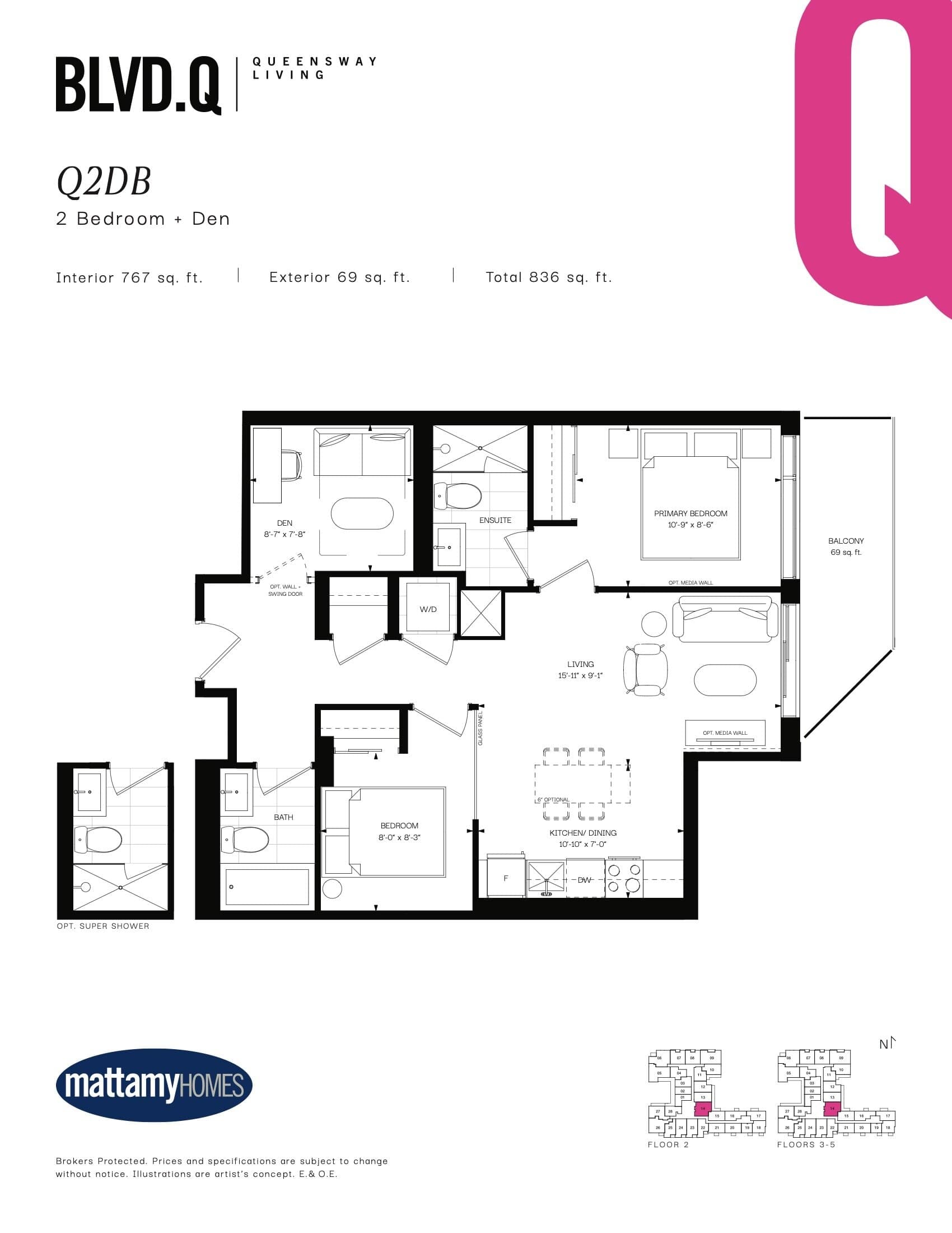 Q2DB Floor Plan at BLVD. Q - 767 sq.ft