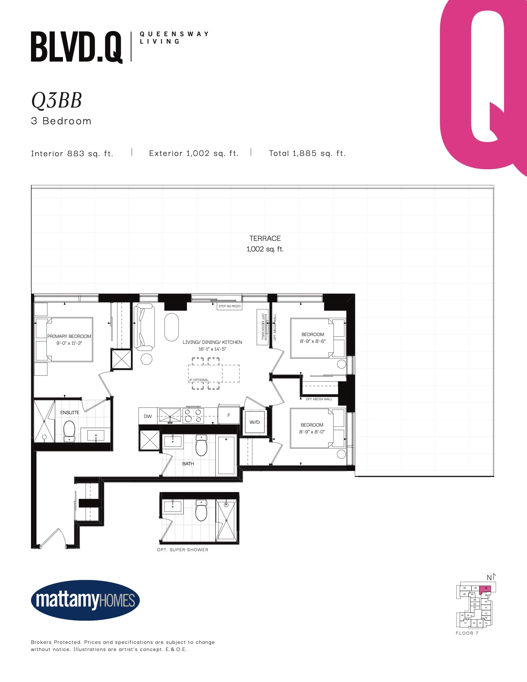Q3BB (Terrace) Floor Plan at BLVD. Q - 883 sq.ft