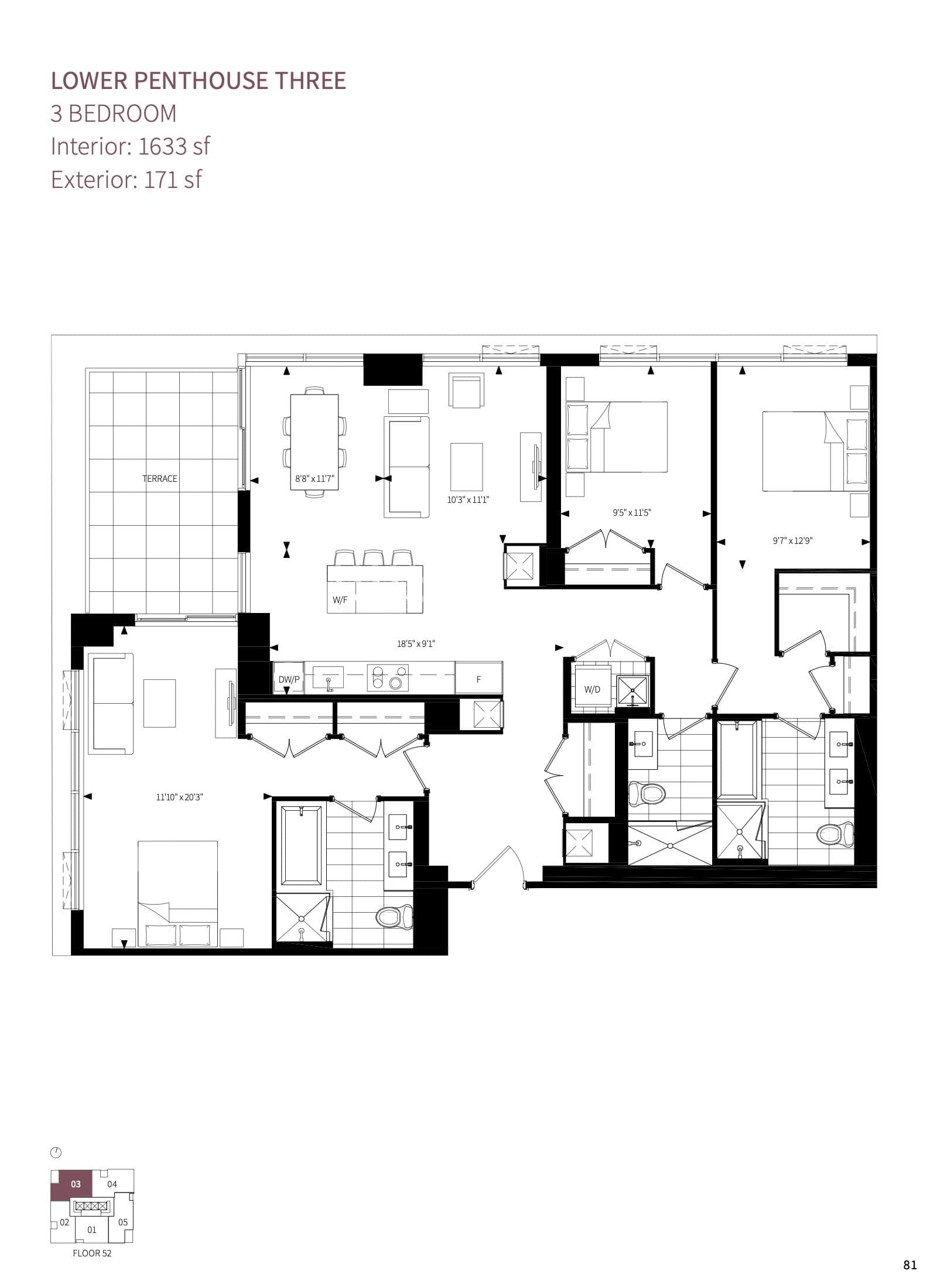 Lower Penthouse Three Floor Plan at Burke Condos - 1633 sq.ft