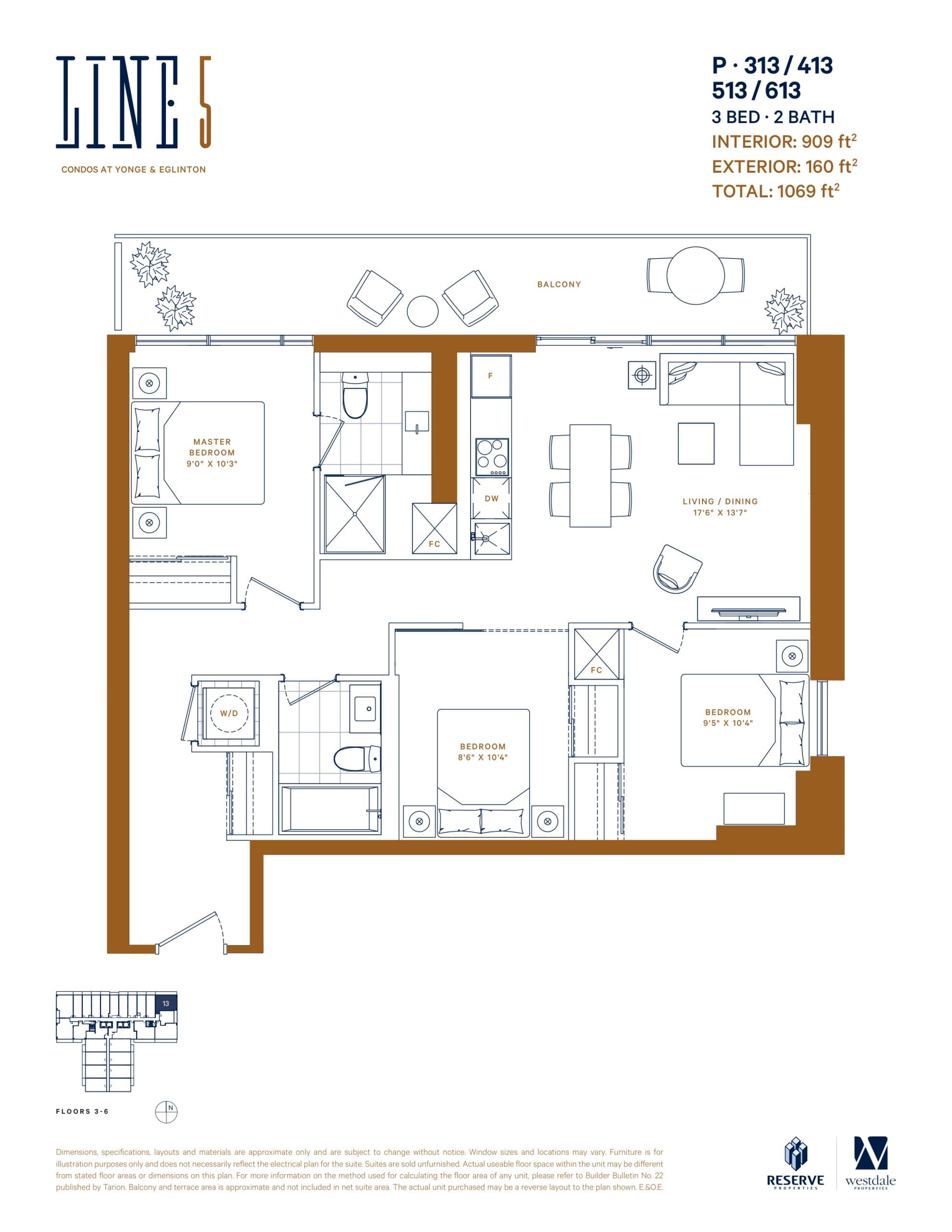 P-313/413/513/613 Floor Plan at Line 5 Condos - 909 sq.ft