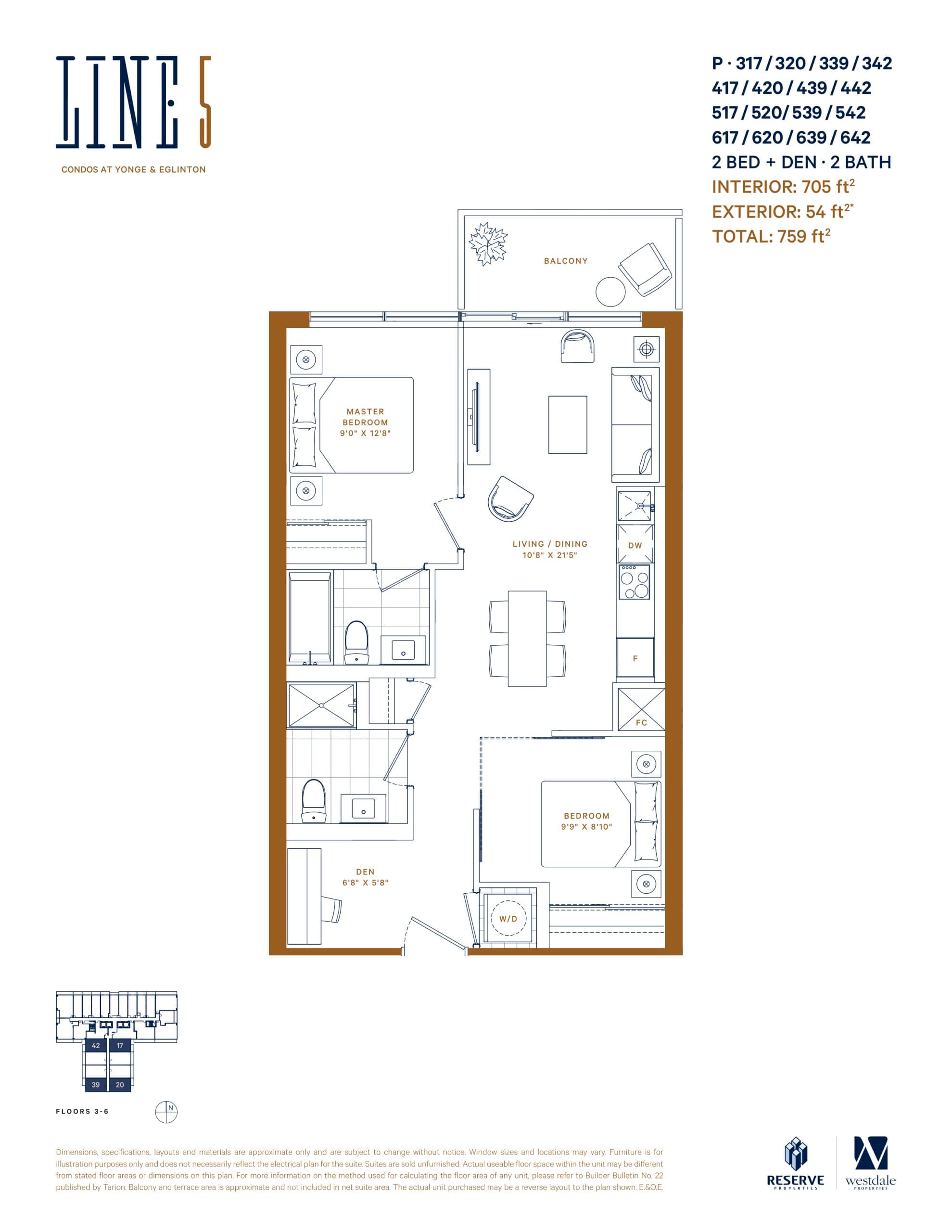 P-317 / 320 / 339 / 342 / 417 / 420 / 439 / 442 / 517 / 520 / 539 / 542 / 617 / 620 / 639 / 642 Floor Plan at Line 5 Condos - 705 sq.ft