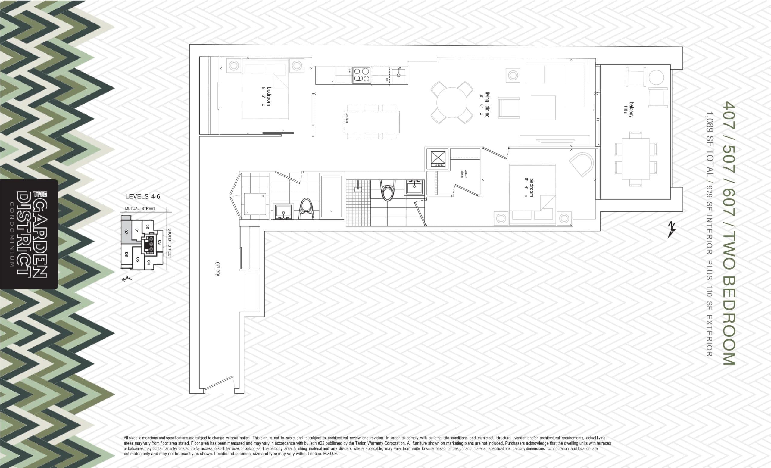 407 / 507 / 607 Floor Plan at Garden District Condos - 979 sq.ft