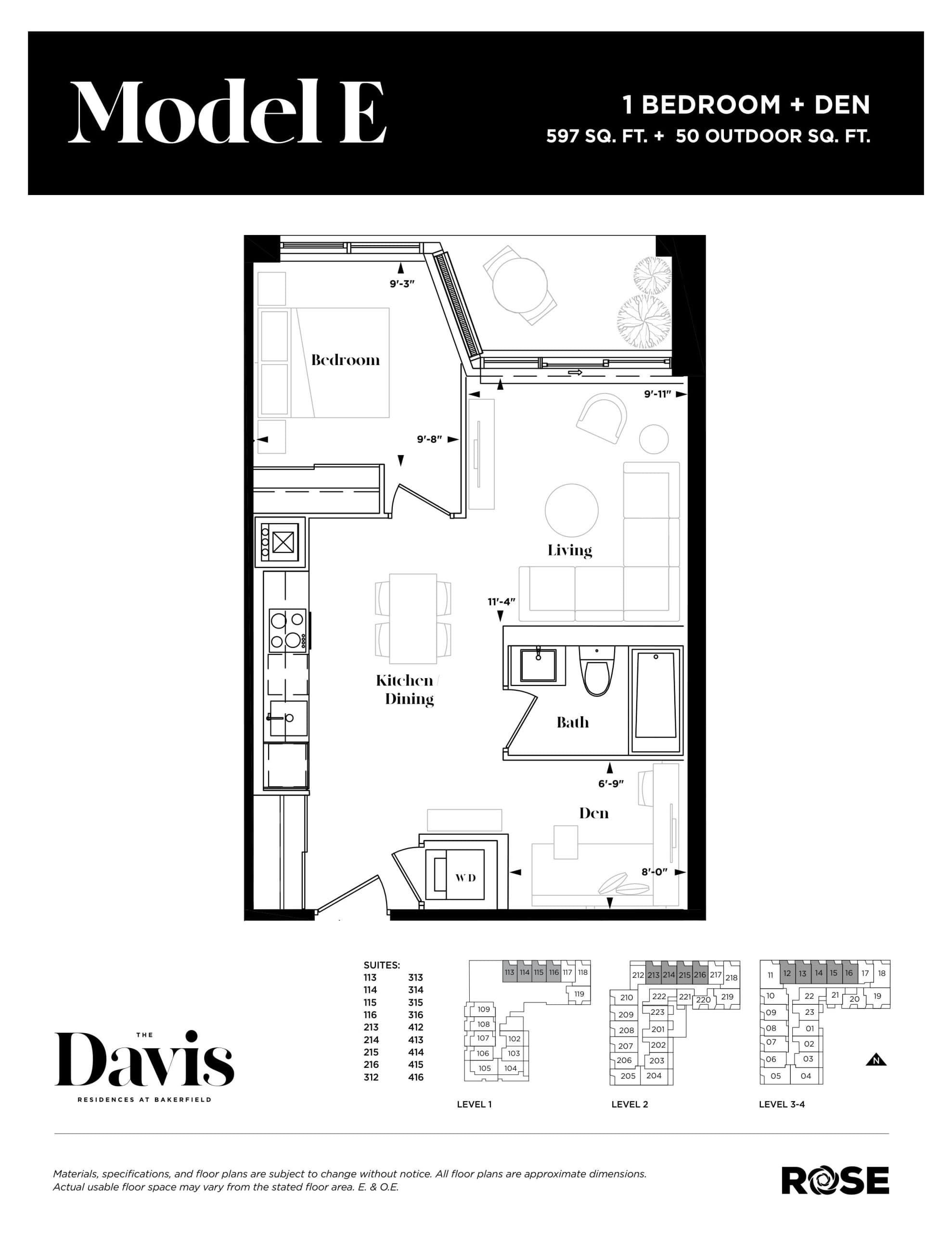 Model E Floor Plan at The Davis Residences at Bakerfield Condos - 597 sq.ft