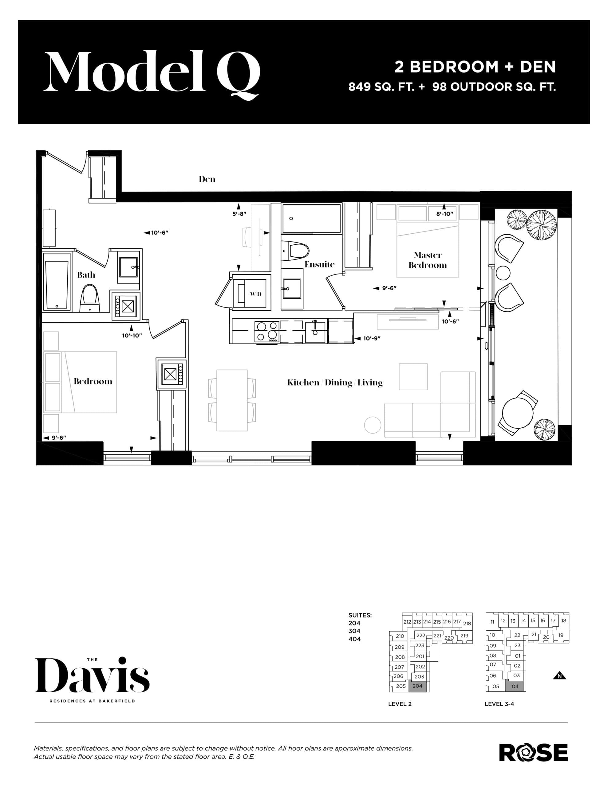 Model Q Floor Plan at The Davis Residences at Bakerfield Condos - 849 sq.ft