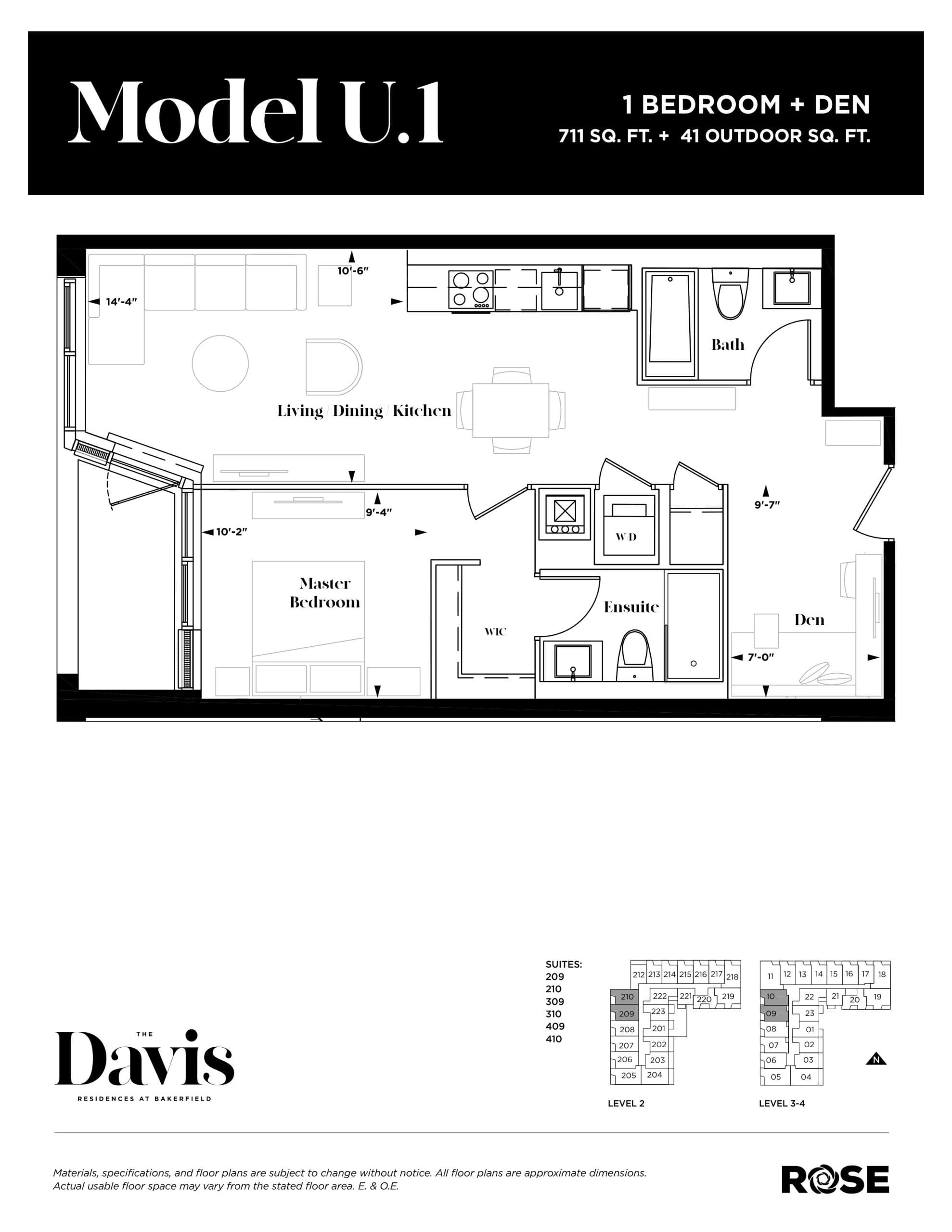 Model U.1 Floor Plan at The Davis Residences at Bakerfield Condos - 711 sq.ft