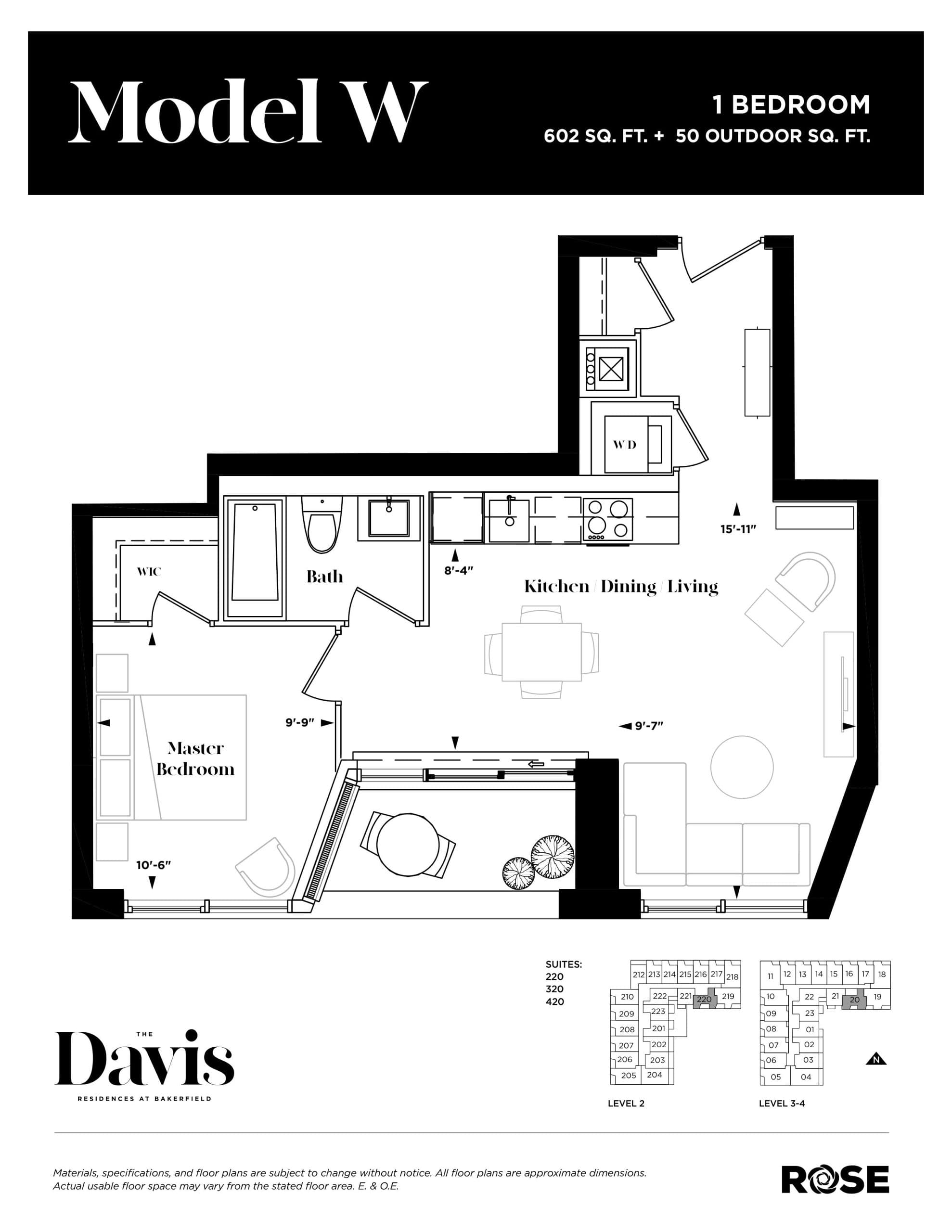 Model W Floor Plan at The Davis Residences at Bakerfield Condos - 602 sq.ft