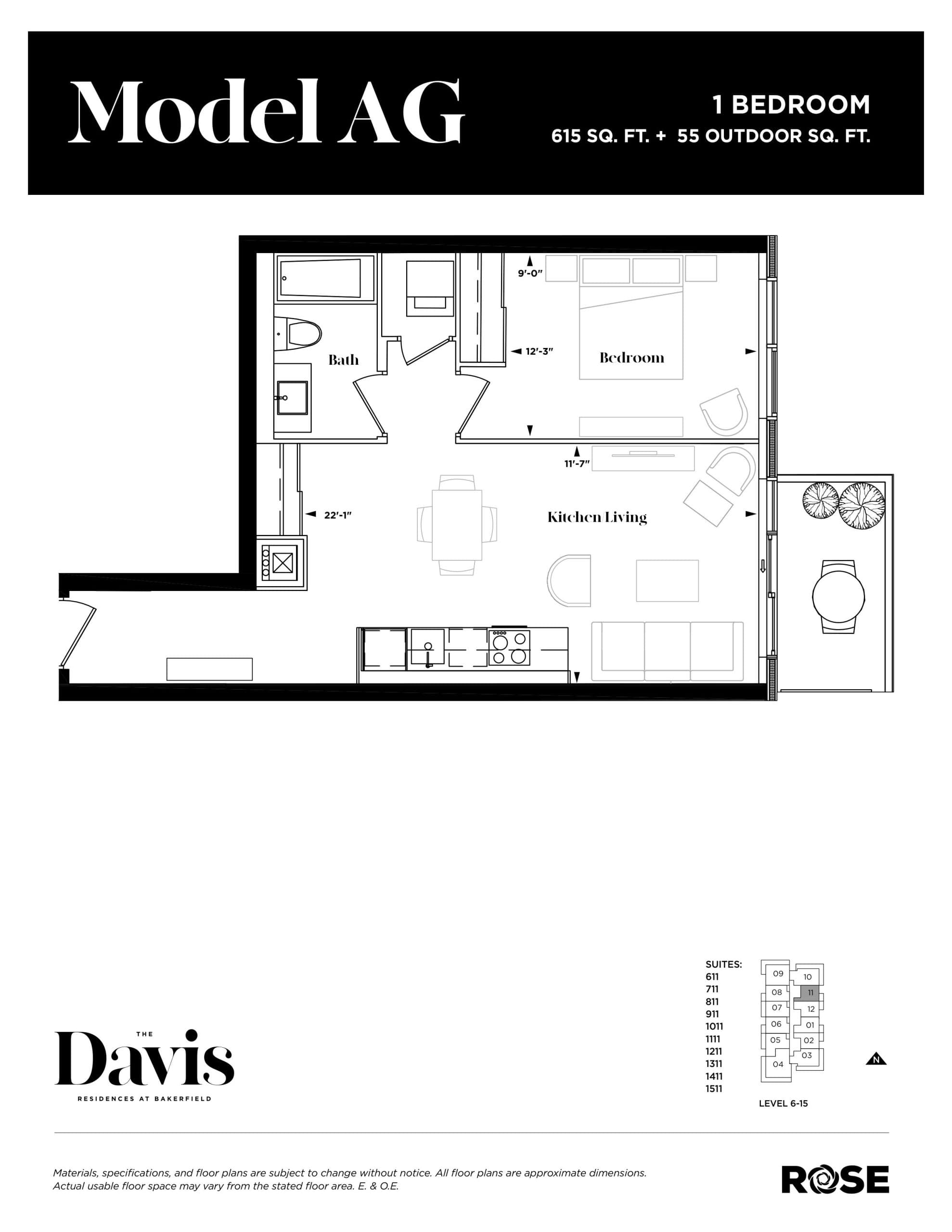 Model AG Floor Plan at The Davis Residences at Bakerfield Condos - 615 sq.ft