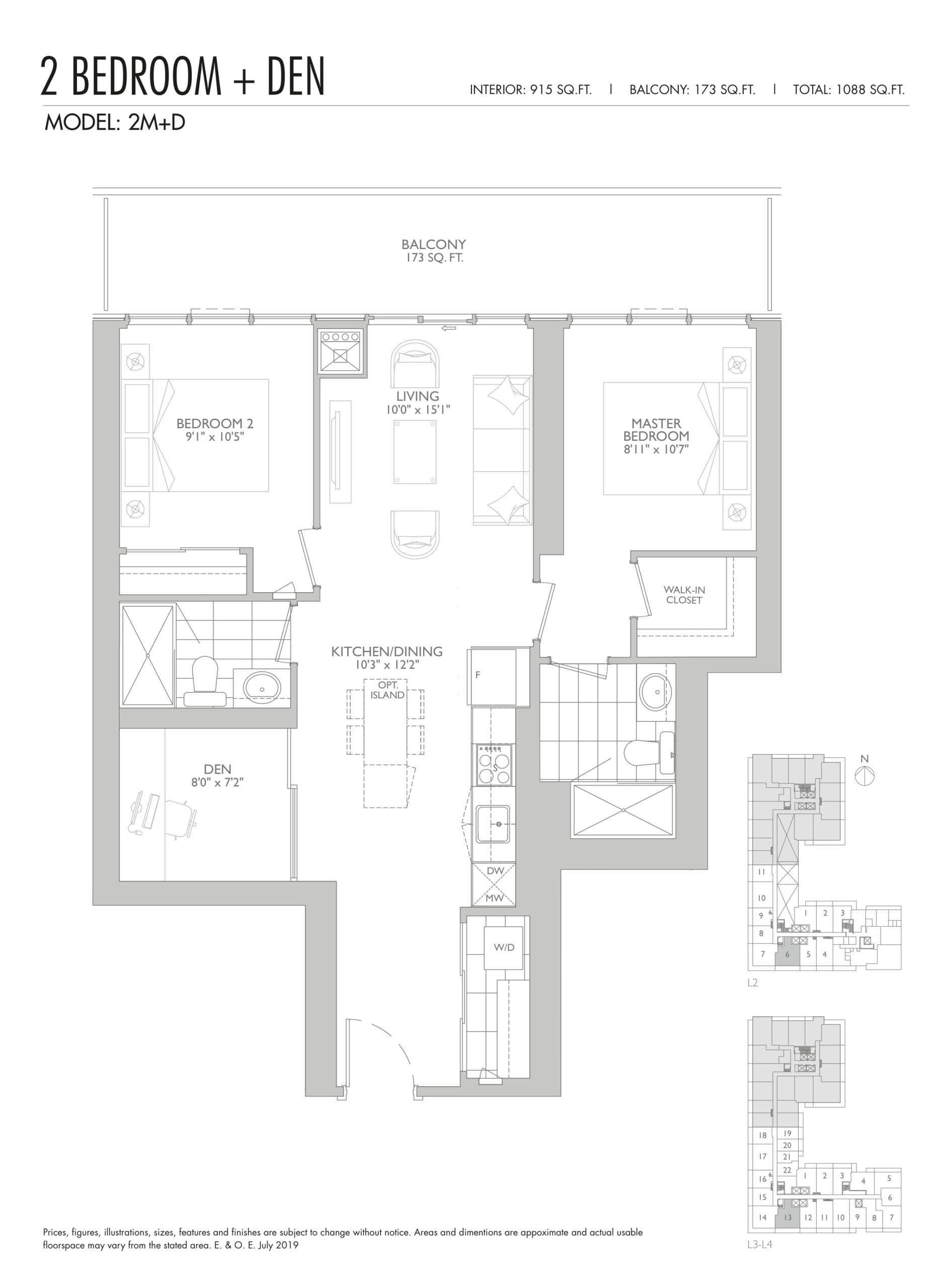 2M+D Floor Plan at Sixty Five Broadway Condos - 915 sq.ft