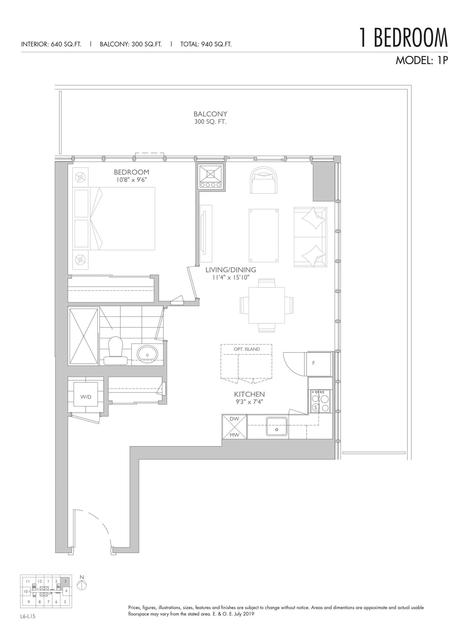1P Floor Plan at Sixty Five Broadway Condos - 640 sq.ft