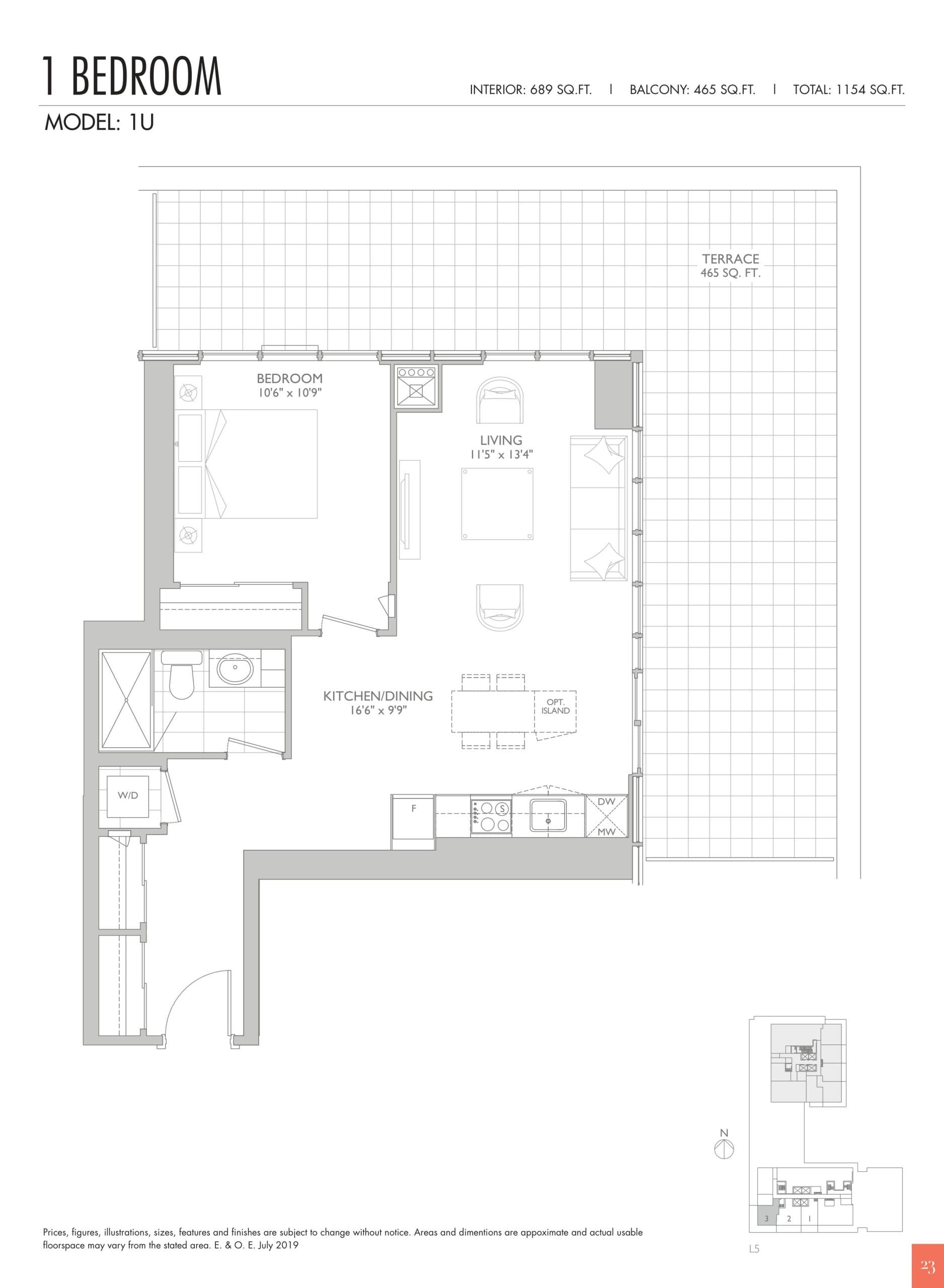 1U Floor Plan at Sixty Five Broadway Condos - 689 sq.ft