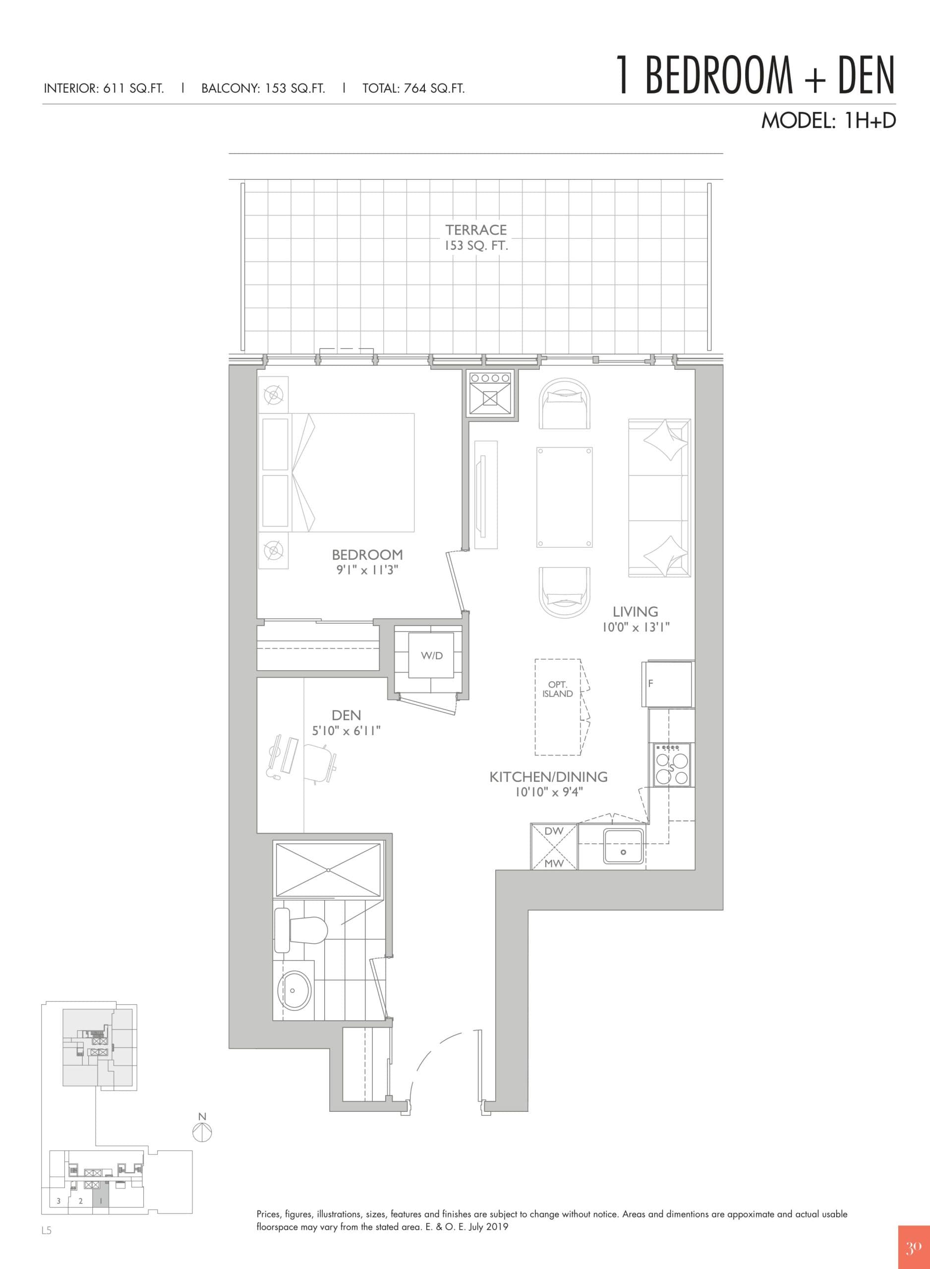 1H+D Floor Plan at Sixty Five Broadway Condos - 611 sq.ft