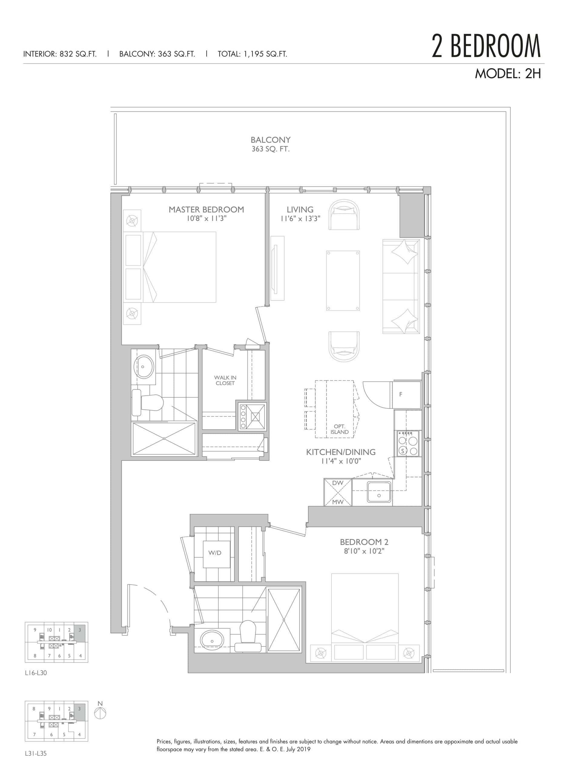 2H Floor Plan at Sixty Five Broadway Condos - 832 sq.ft