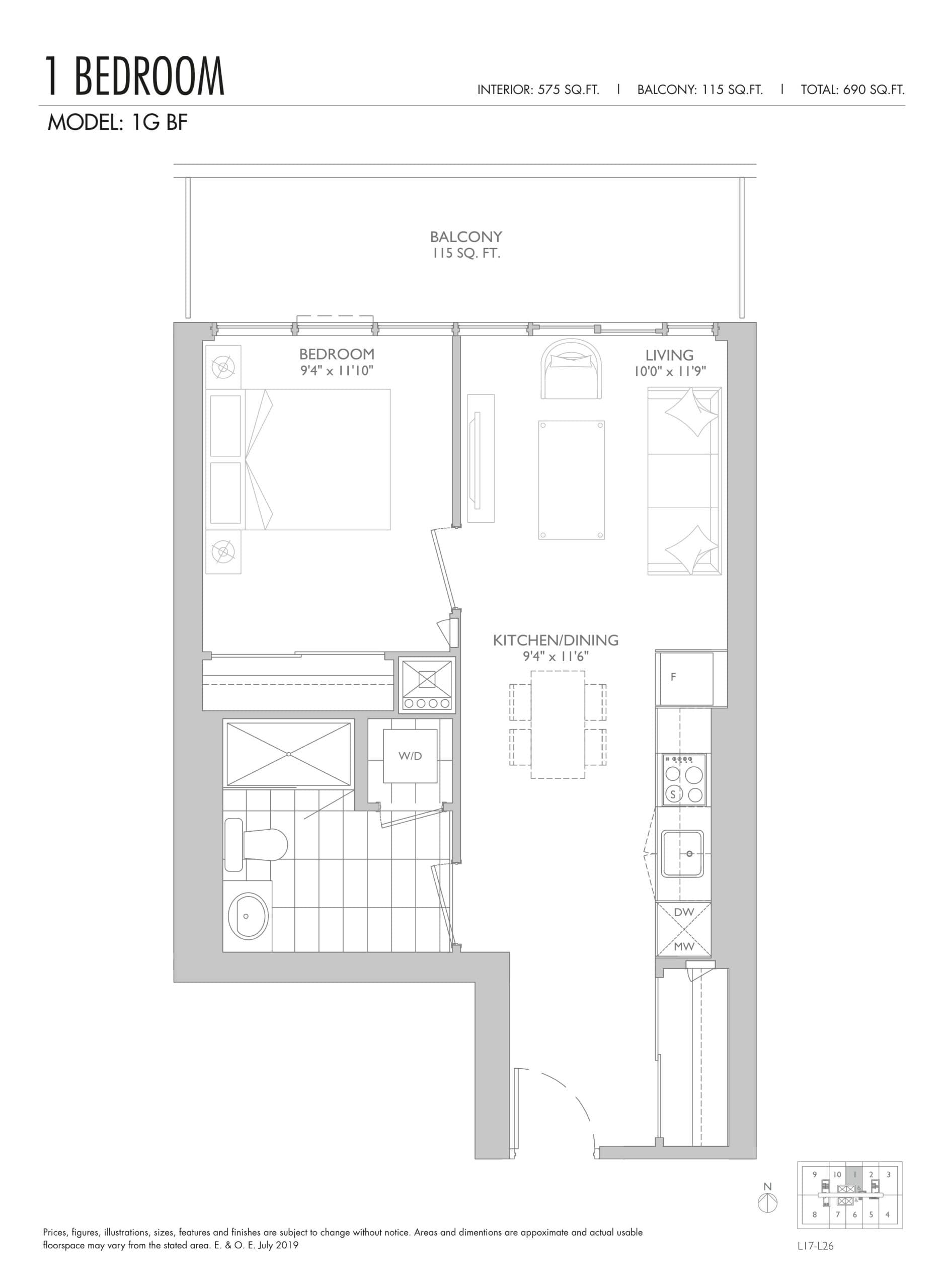 1G-BF Floor Plan at Sixty Five Broadway Condos - 575 sq.ft