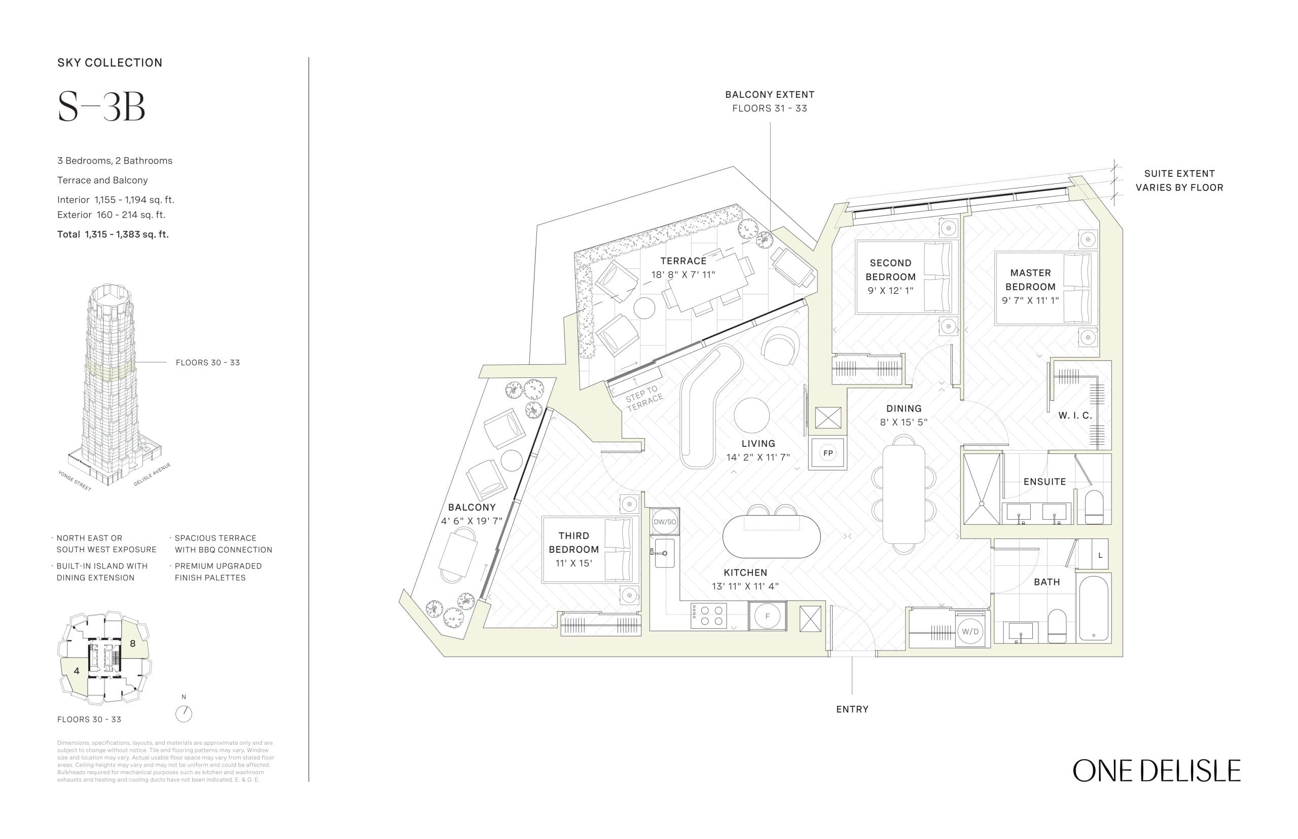 S-3B Floor Plan at One Delisle Condos - 1194 sq.ft