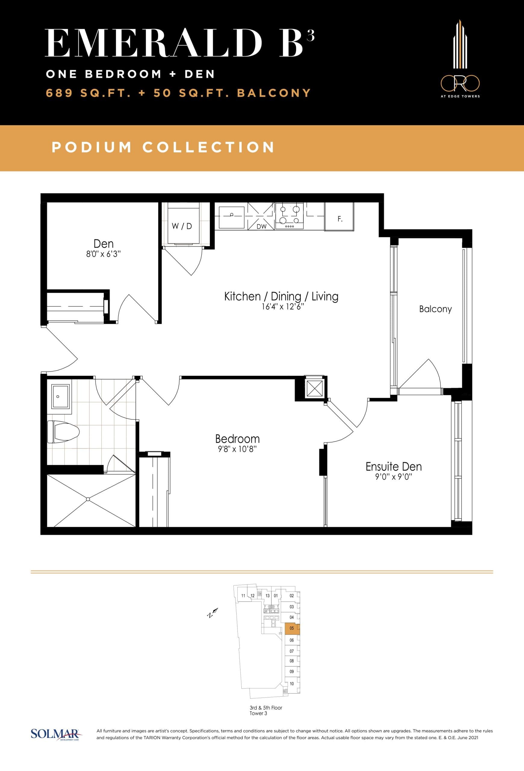Emerald B Floor Plan at ORO at Edge Towers Condos - 689 sq.ft