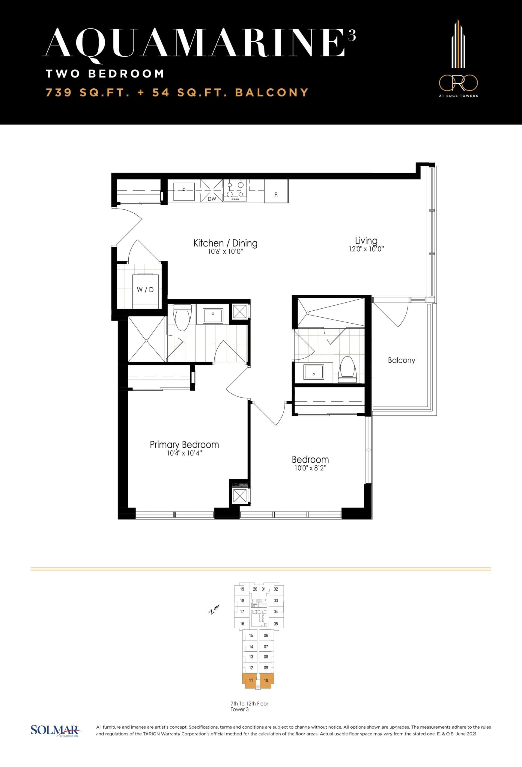 Aquamarine Floor Plan at ORO at Edge Towers Condos - 739 sq.ft