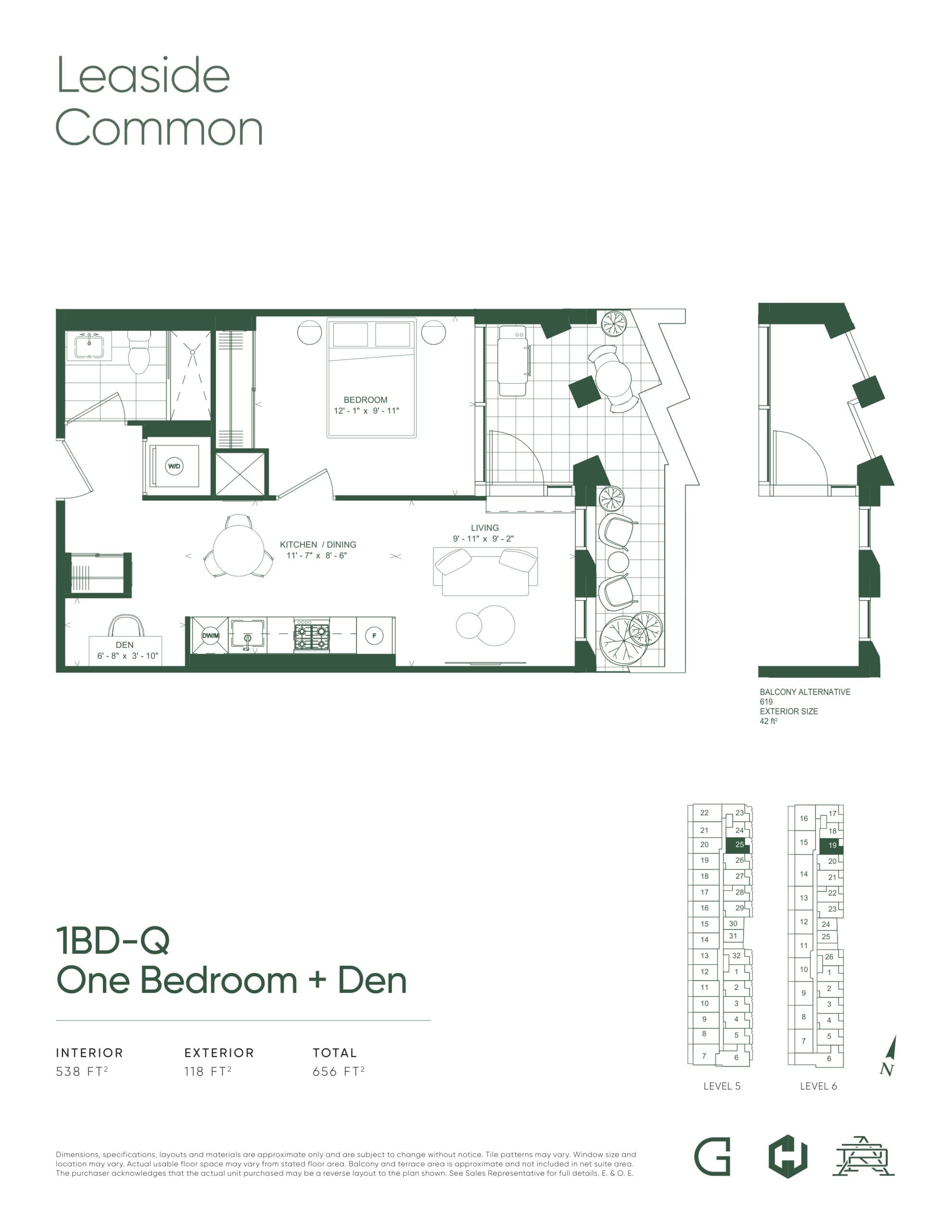 1BD-Q Floor Plan at Leaside Common Condos - 538 sq.ft