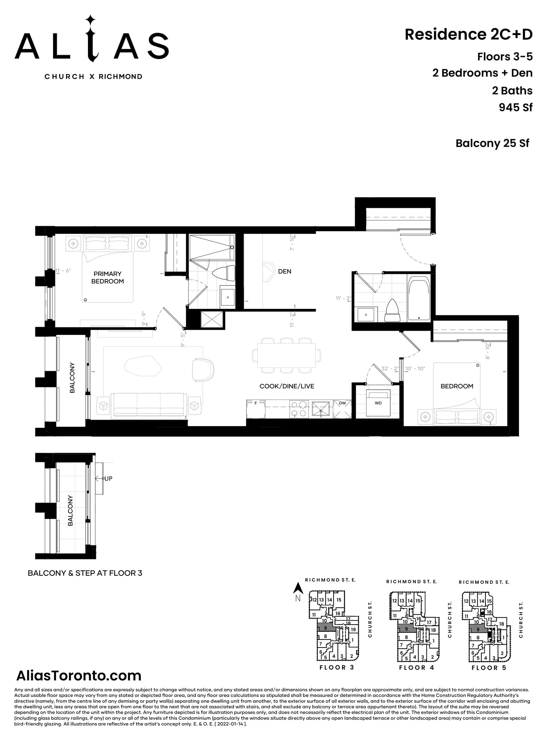 Residence 2C+D Floor Plan at Alias Condos - 945 sq.ft