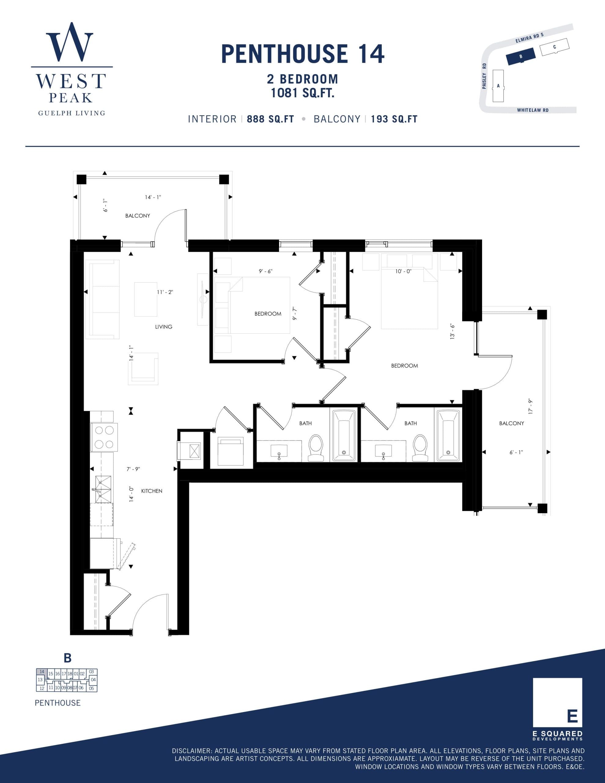 Penthouse 14 - Building B Floor Plan at West Peak Condos - 888 sq.ft
