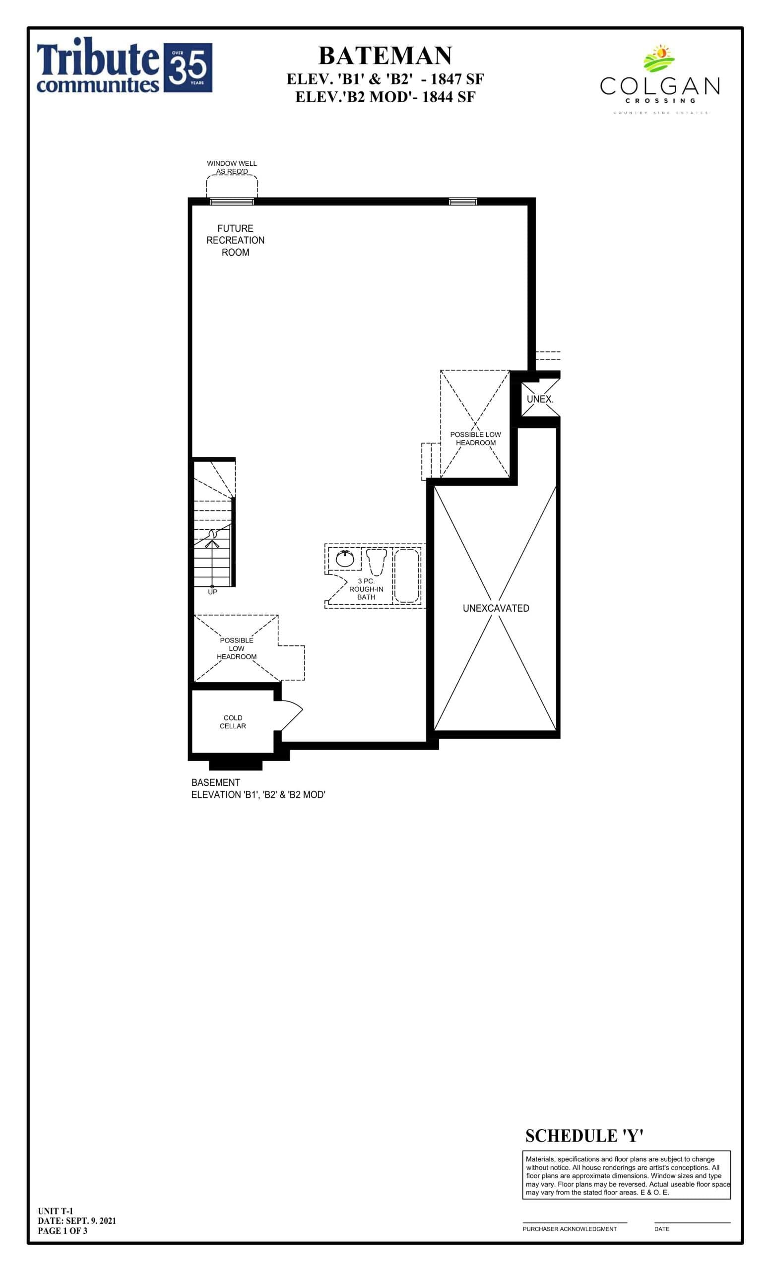 Bateman Elevation B - Basement Floor Plan at Colgan Crossing Homes - 1844 sq.ft