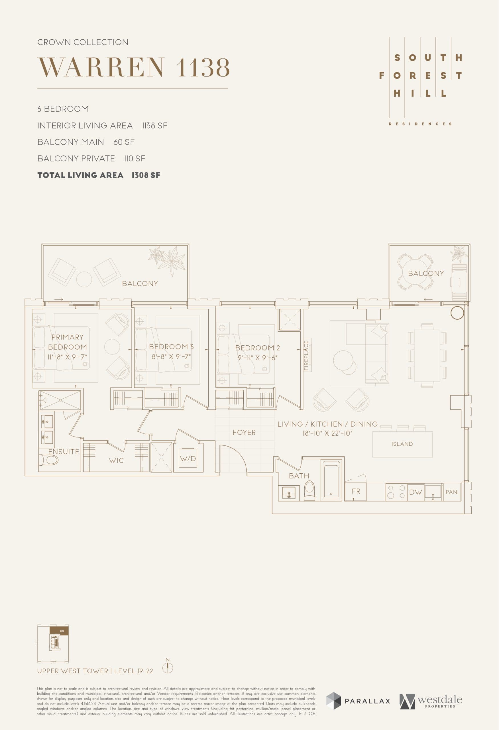 Warren 1138 Floor Plan at South Forest Hill Residences - 1138 sq.ft