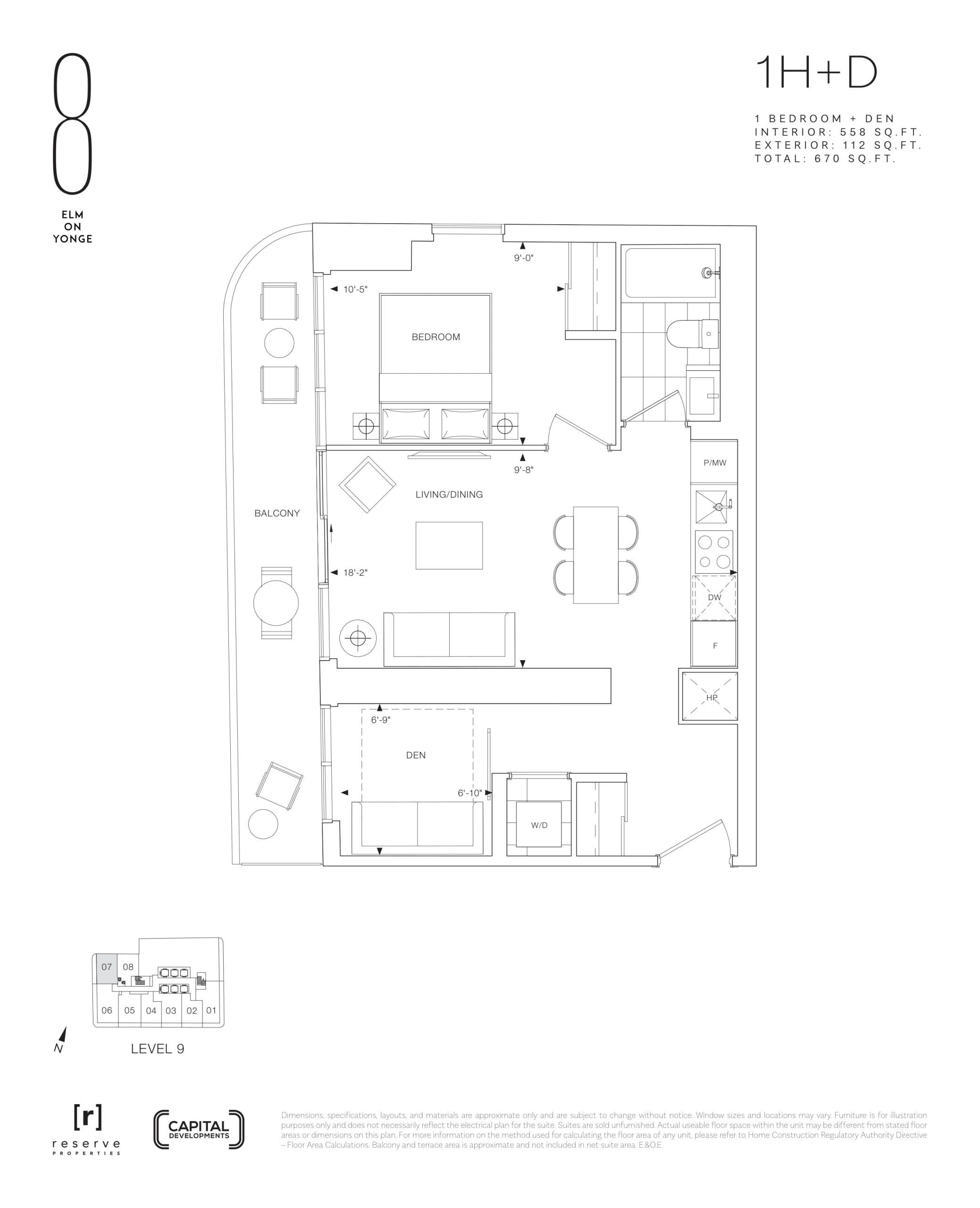 1H+D Floor Plan at 8 Elm on Yonge Condos - 558 sq.ft