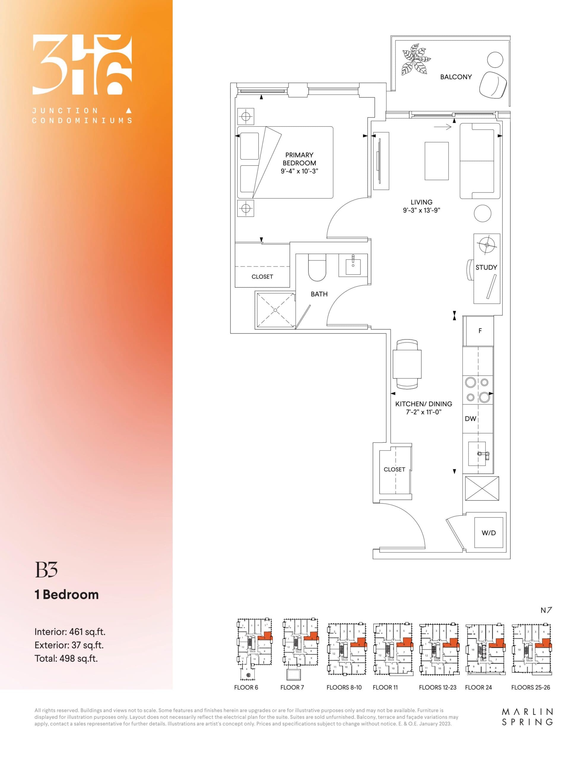 B3 Floor Plan at 316 Junction Condos - 461 sq.ft
