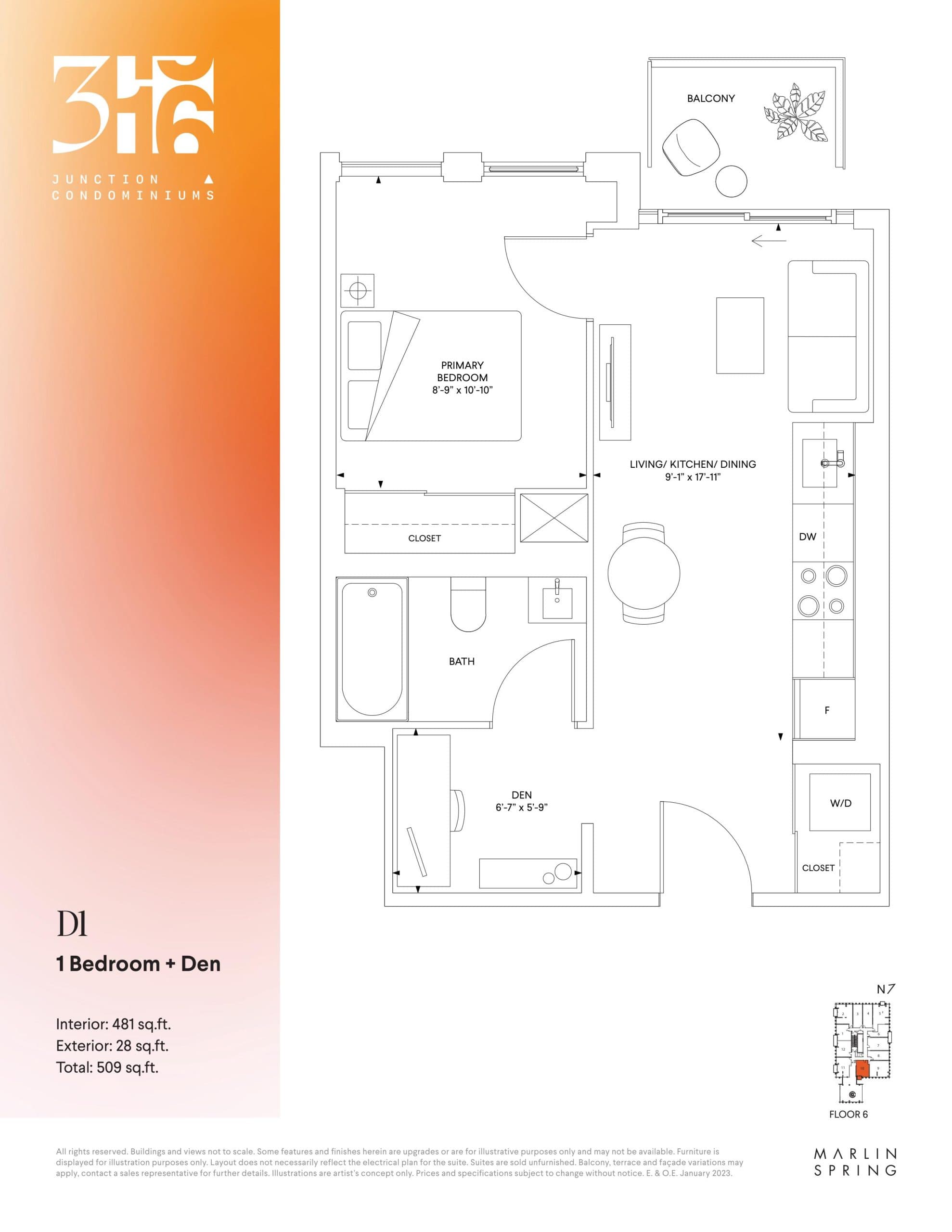 D1 Floor Plan at 316 Junction Condos - 481 sq.ft