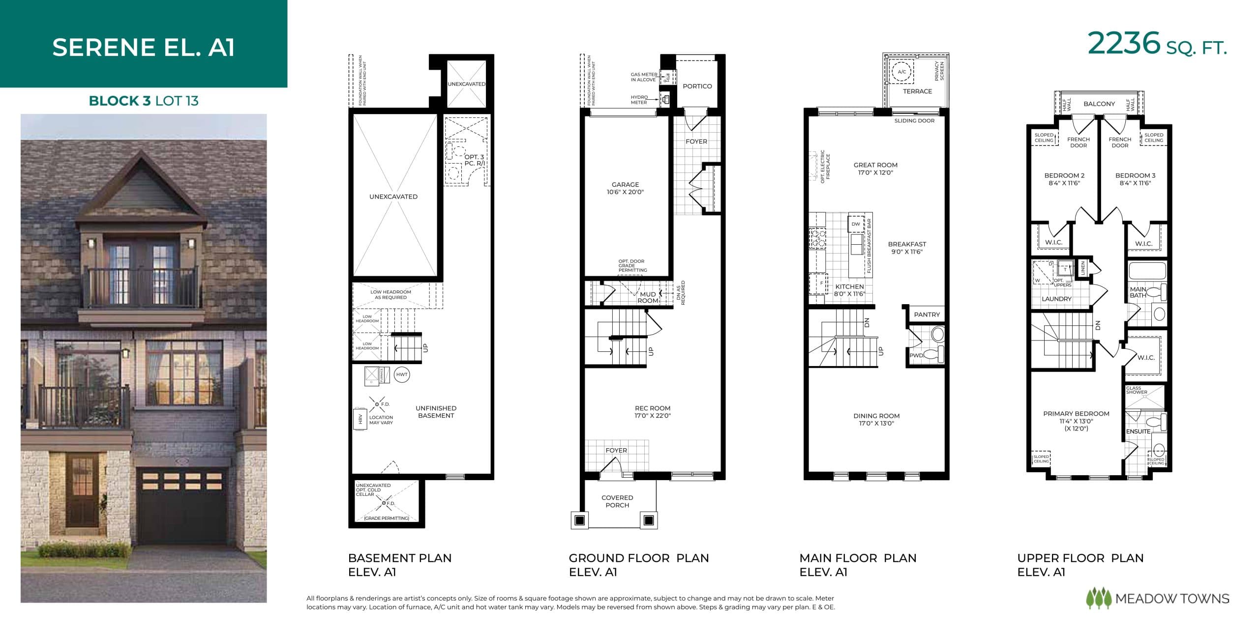 Serene El. A1 Floor Plan at Meadow Towns - 2236 sq.ft