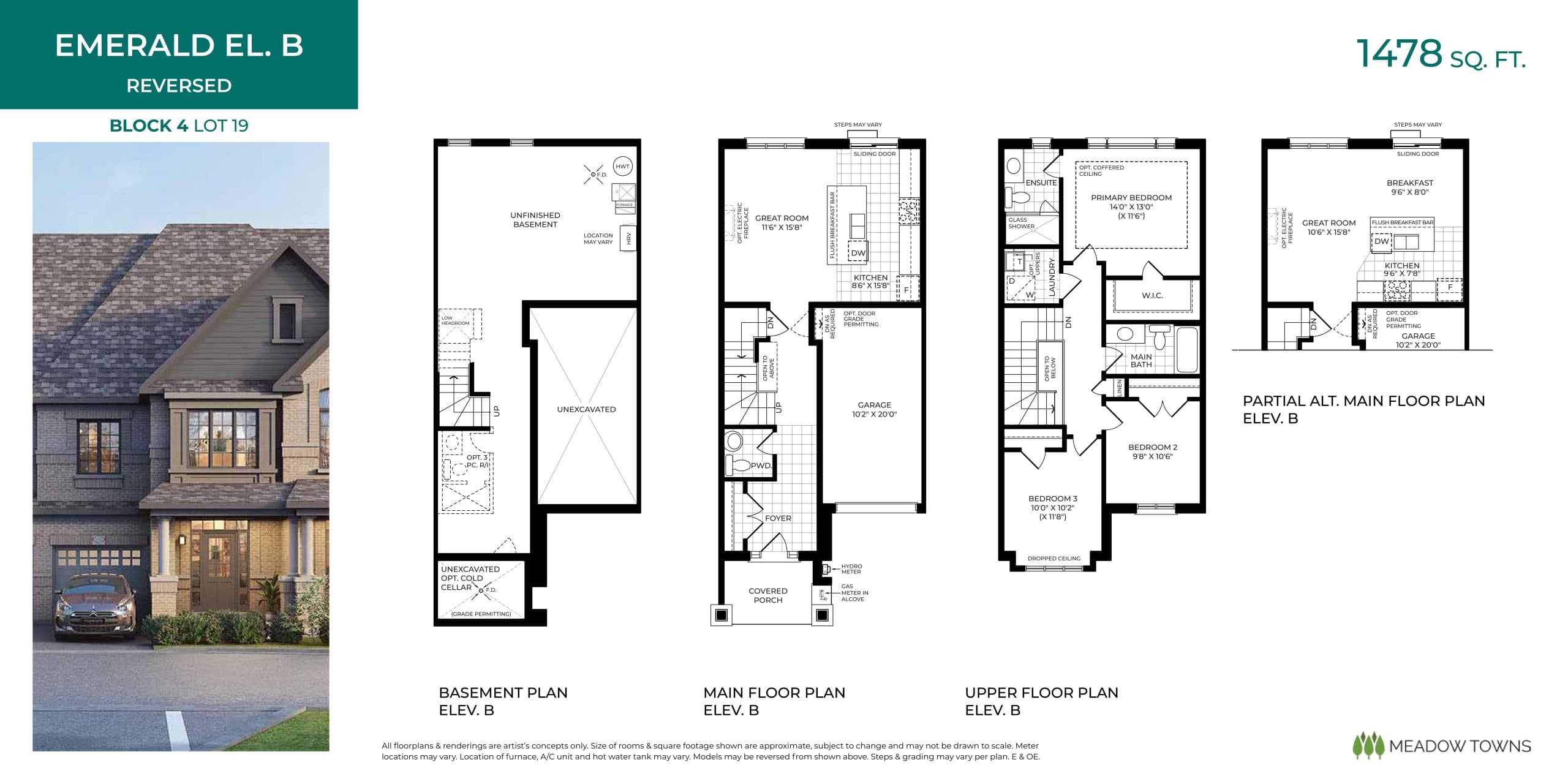 Emerald El. B (Reversed) Floor Plan at Meadow Towns - 1478 sq.ft