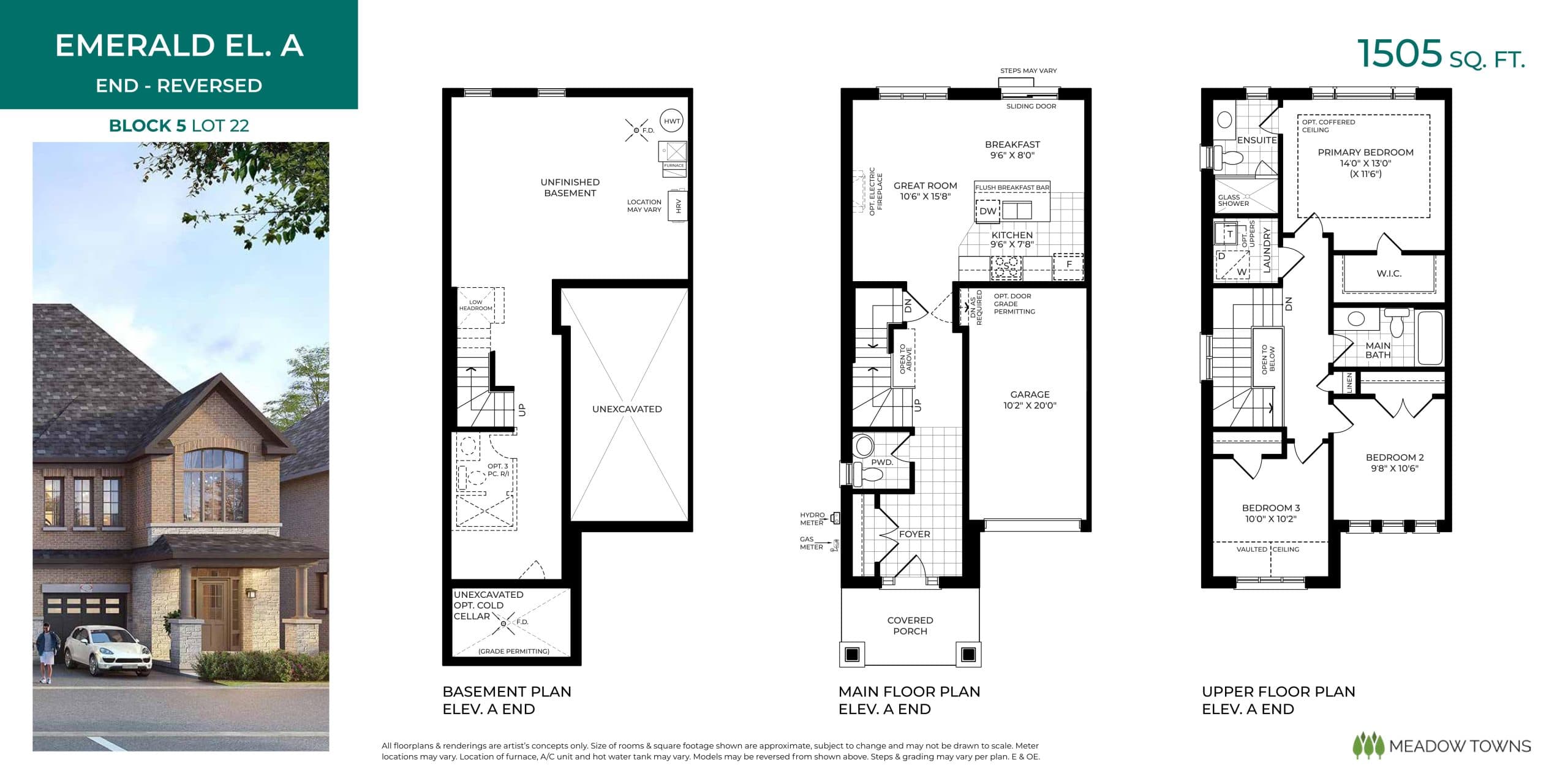Emerald El. A (End - Reversed) Floor Plan at Meadow Towns - 1505 sq.ft