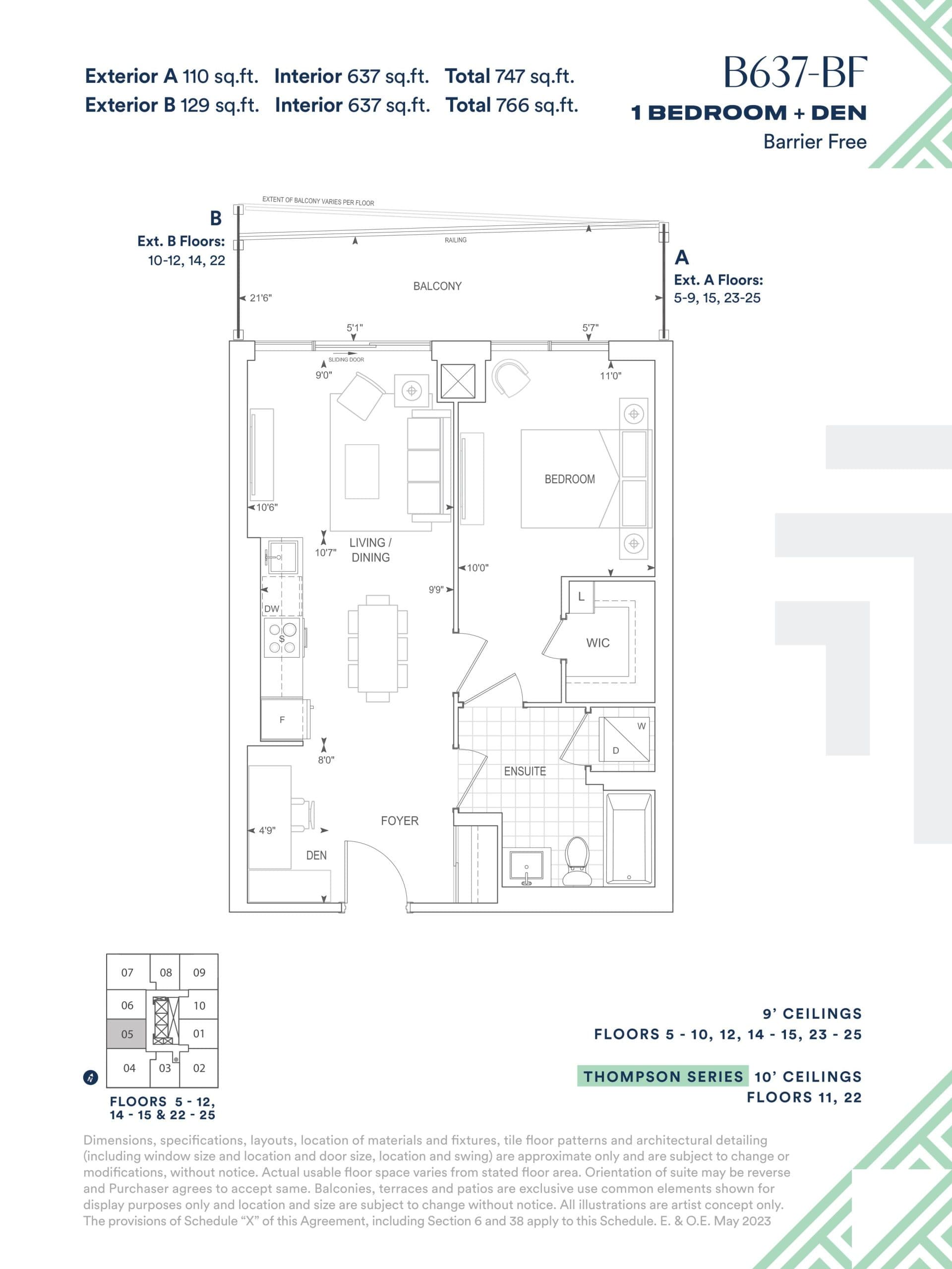 B637-BF Floor Plan at Thompson Towers - Spring Condos - 637 sq.ft