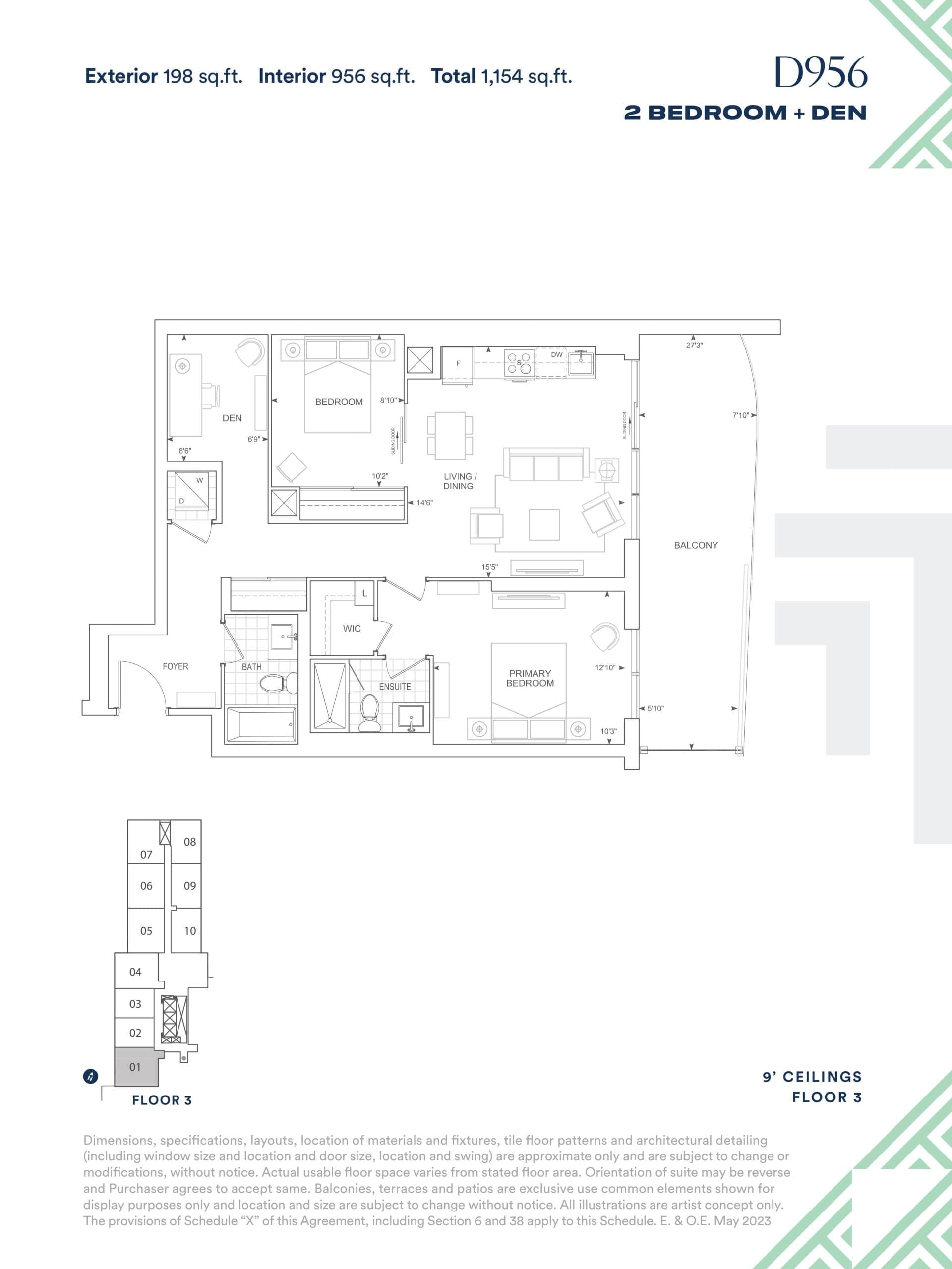 D956 Floor Plan at Thompson Towers - Spring Condos - 956 sq.ft