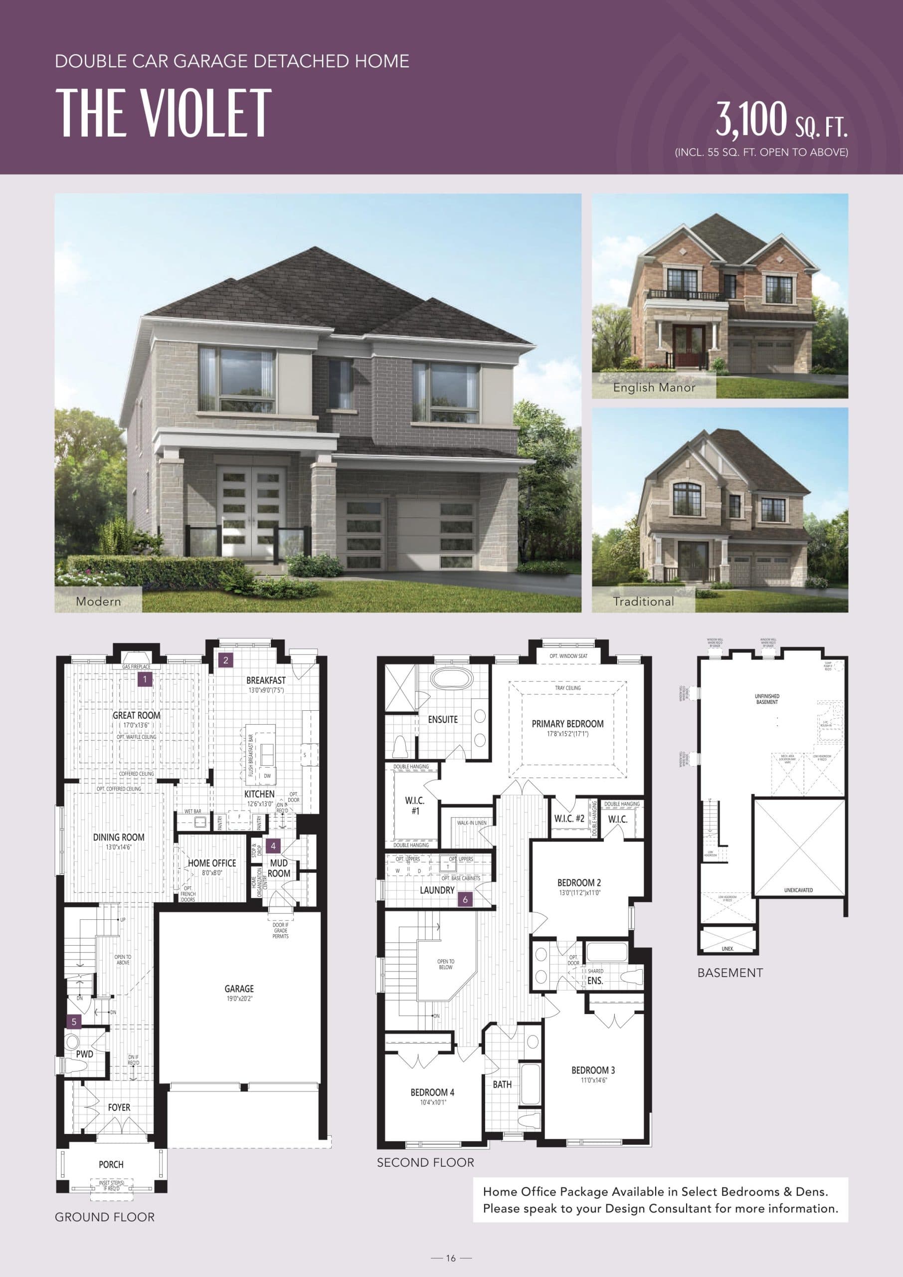 The Violet Floor Plan at Springwater Towns - 3100 sq.ft