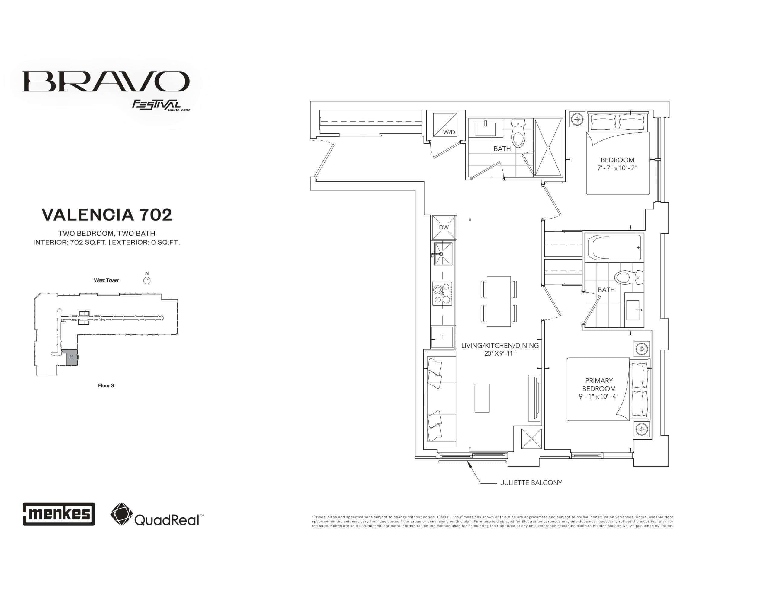 Valencia 702 Floor Plan at Bravo West Tower Condos - 702 sq.ft