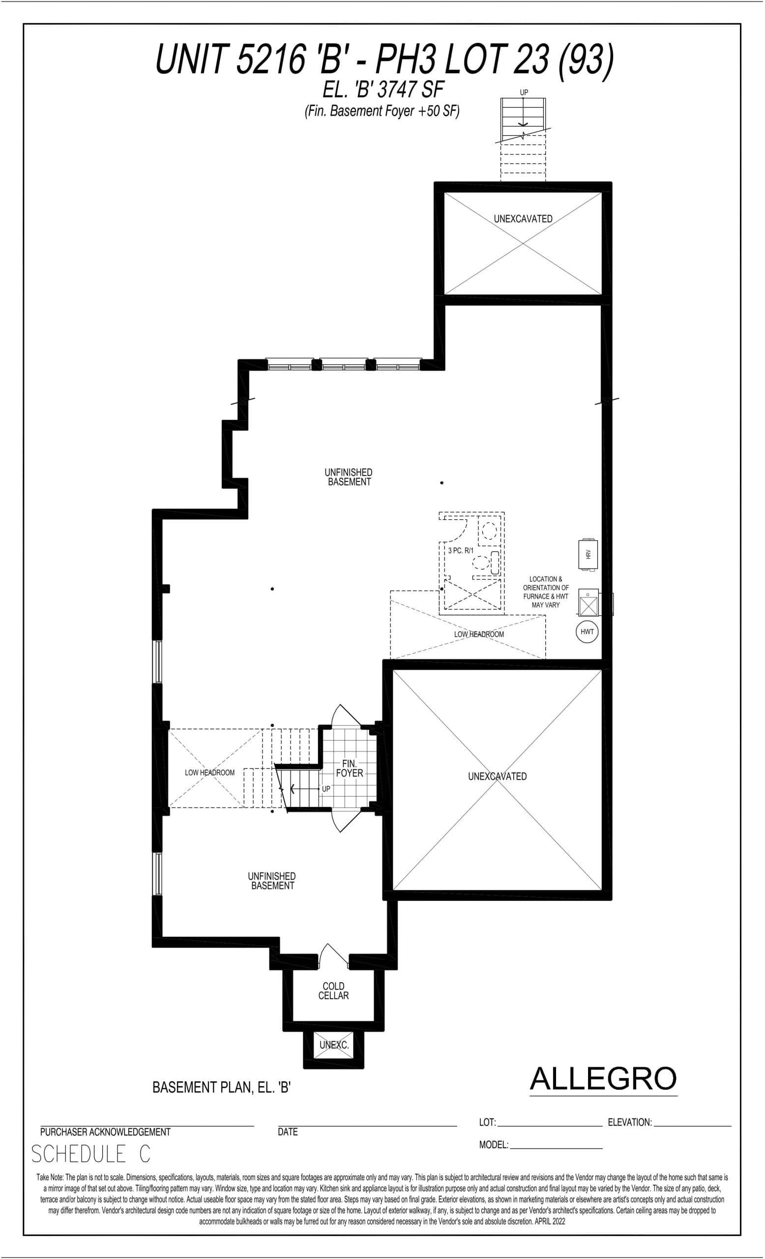 Unit 5216 B - PH3 Lot 23 (Basement) Floor Plan at Allegro Phase 3 - 3747 sq.ft