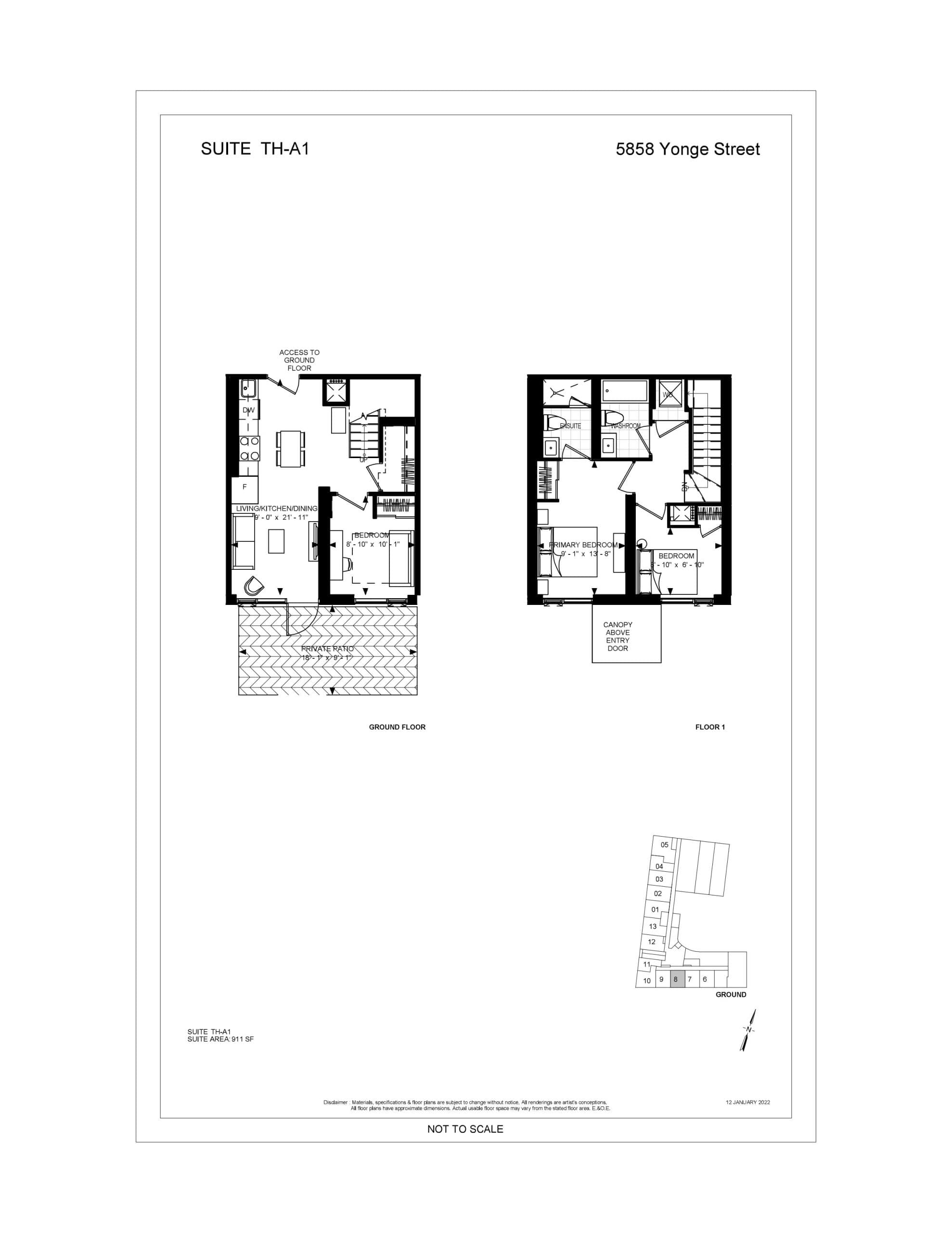 Suite TH-A1 Floor Plan at Plaza on Yonge Condos - 911 sq.ft