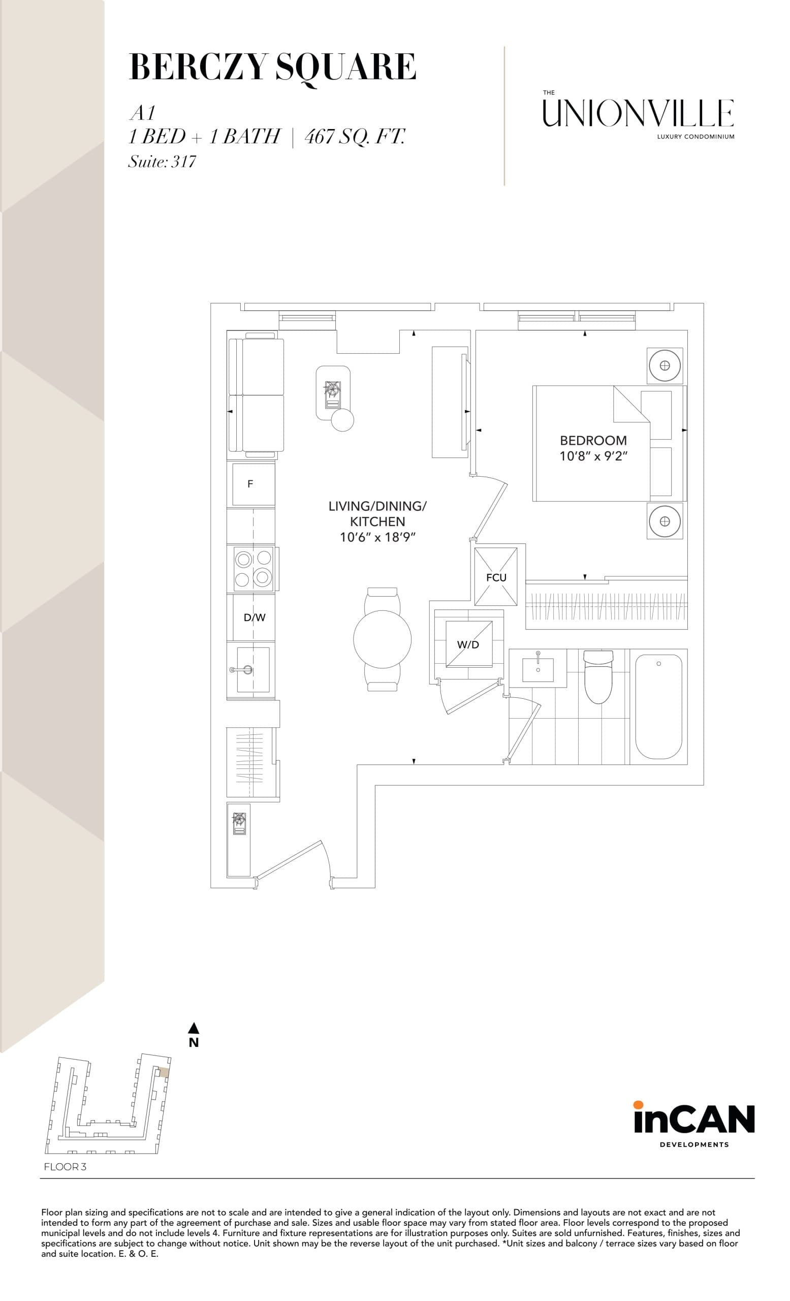 Berczy Square A1 Floor Plan at The Unionville Condos - 467 sq.ft