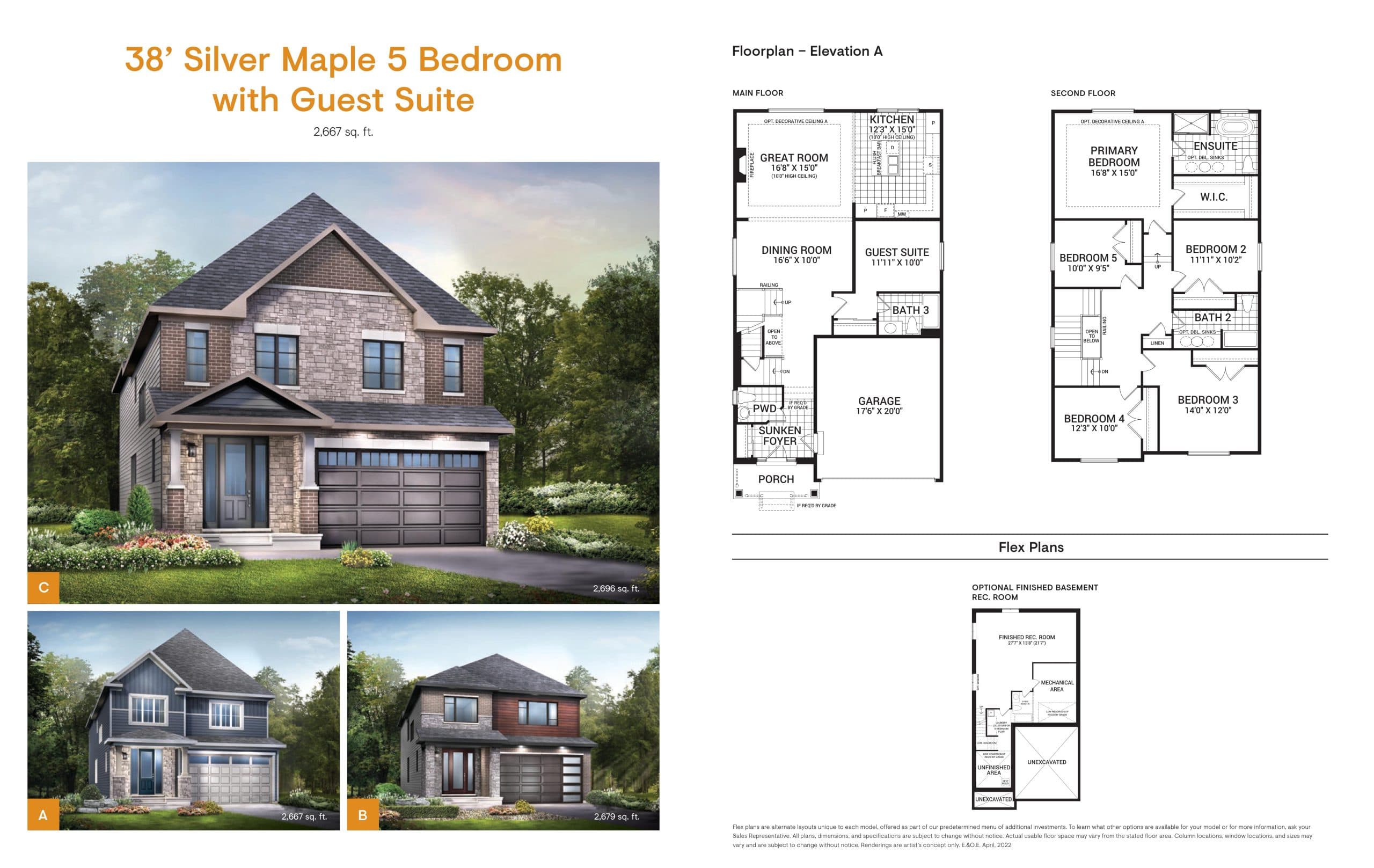 38' Silver Maple 5 Bedroom with Guest suite Floor Plan at Mahogany Towns - 2667 sq.ft