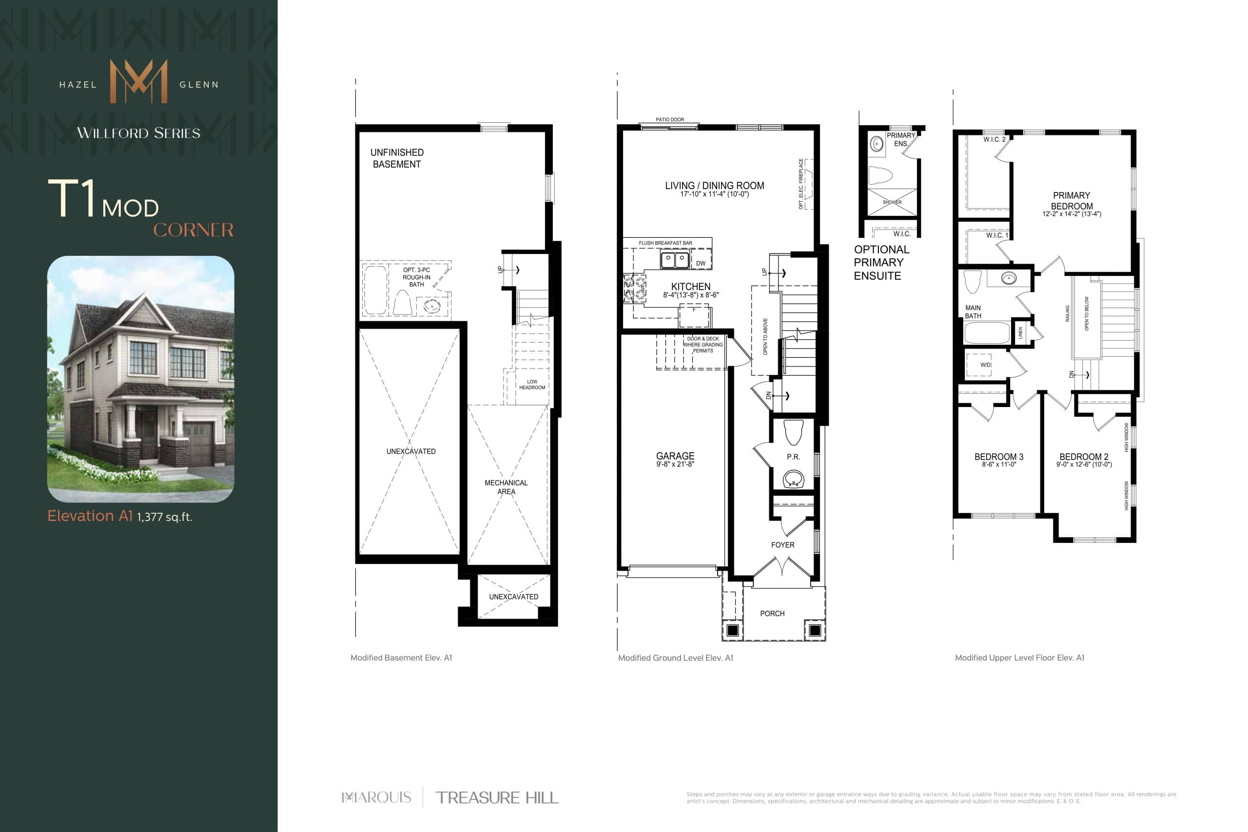 T1 MOD Corner Floor Plan at Marquis Series at Hazel Glenn Towns - 1377 sq.ft