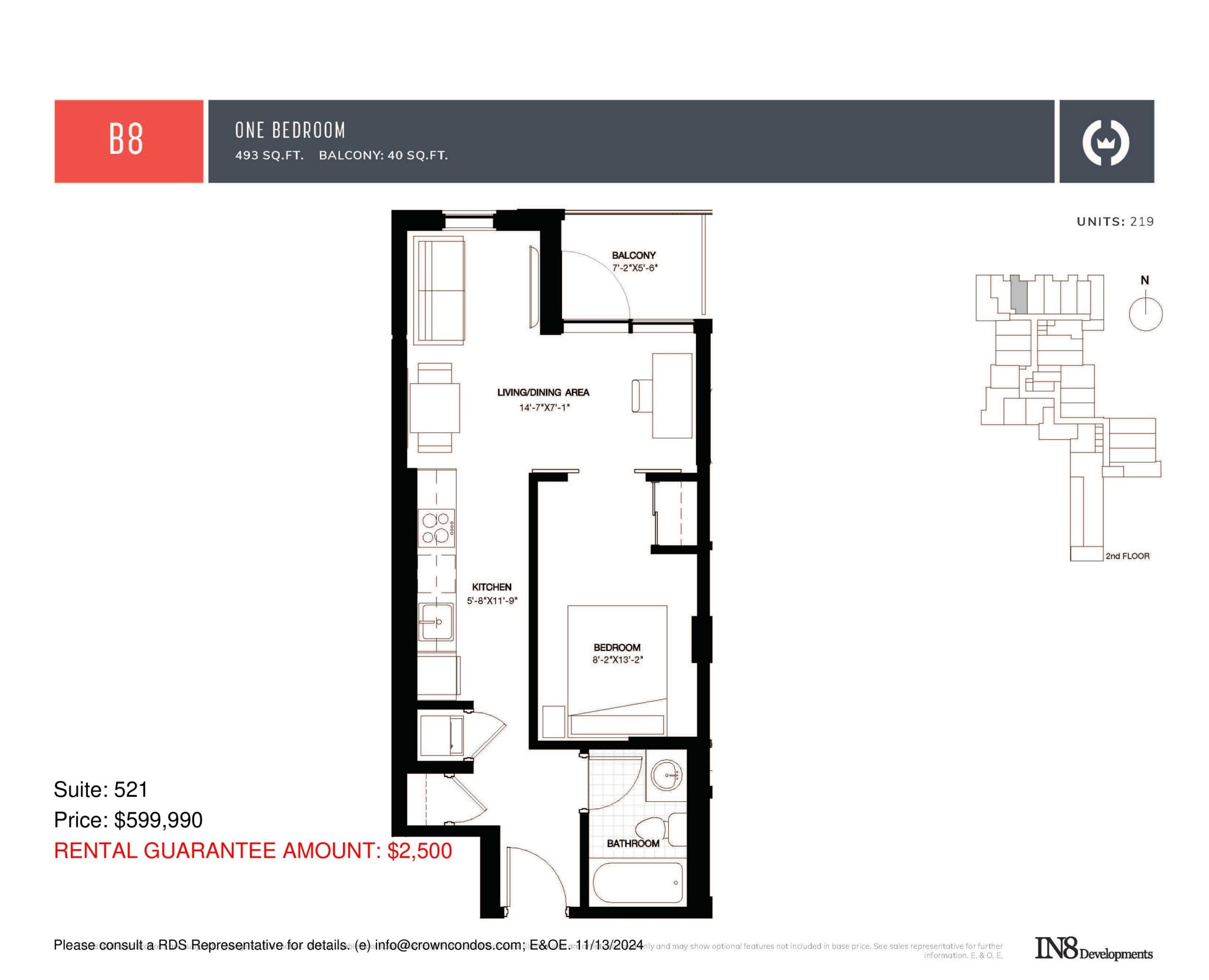 B8 Floor Plan at Crown Condos by IN8 Developments - 493 sq.ft